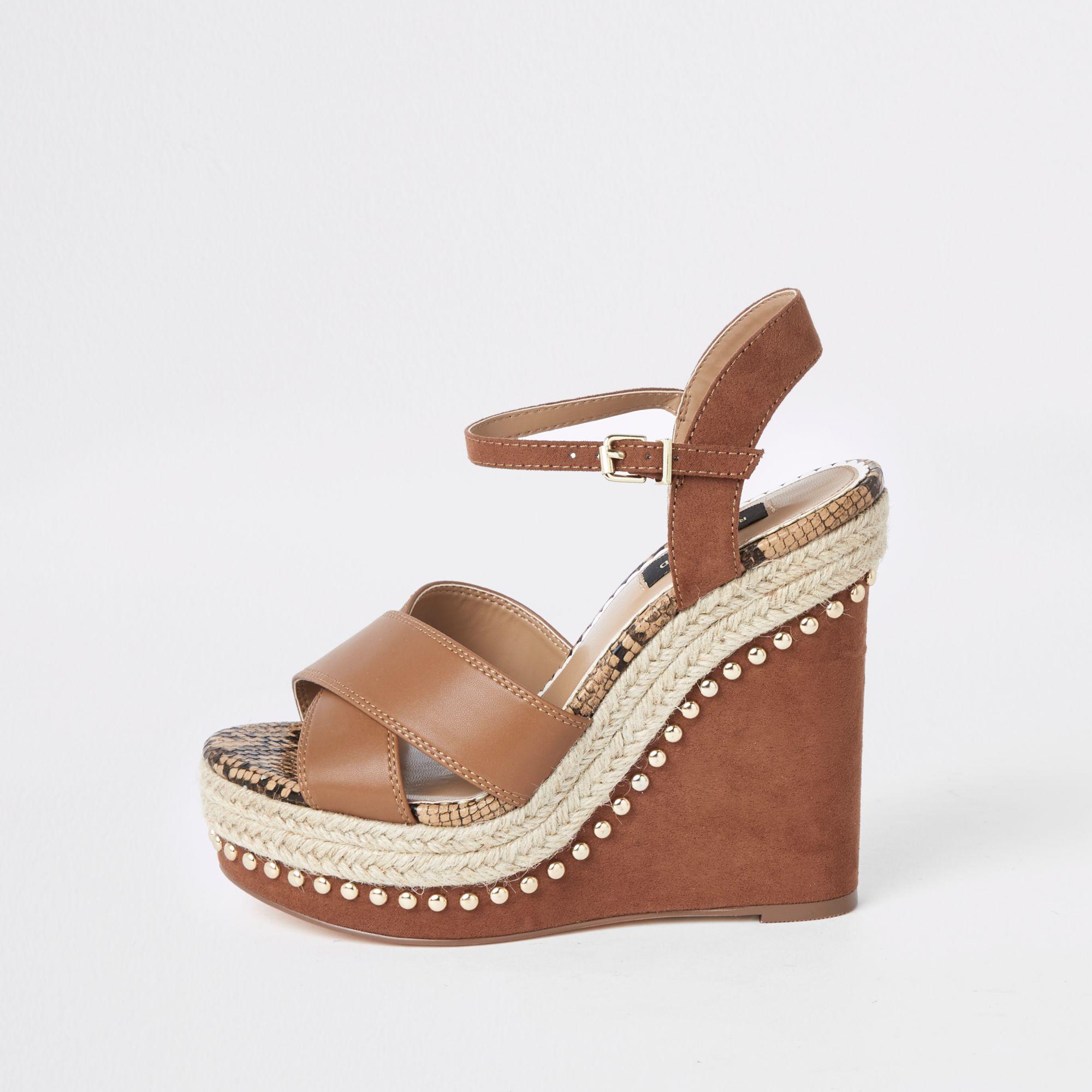 River Island Light Studded Wide Fit Wedges in Brown - Lyst