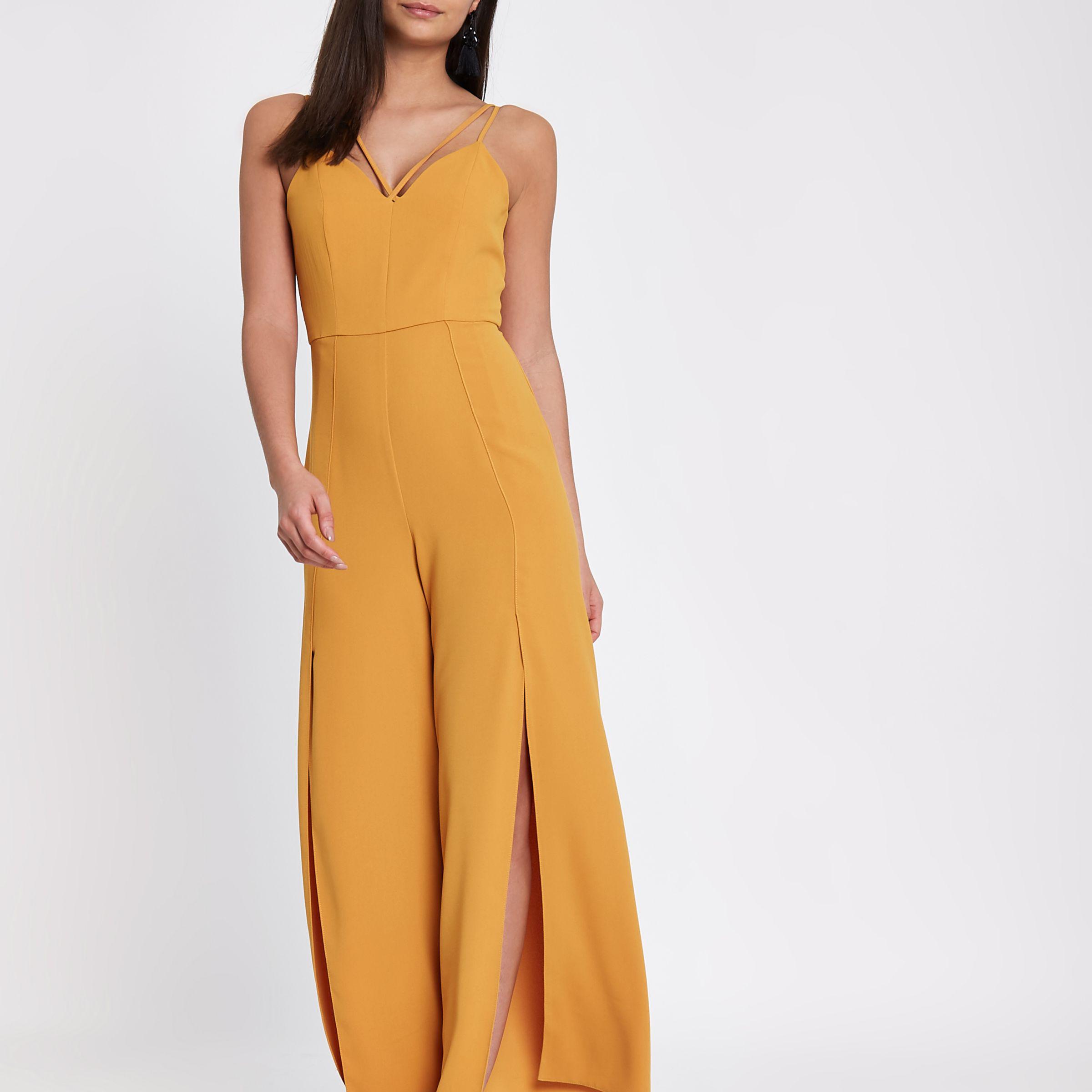 River Island Synthetic Mustard Wide Split Leg Cami Jumpsuit in Yellow ...