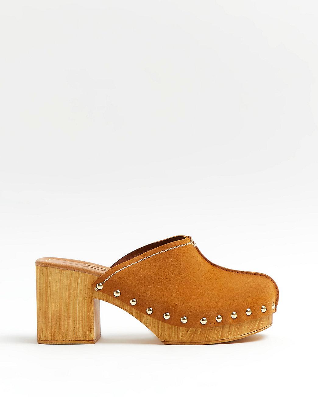 River Island Suede Beige Studded Heeled Clogs in Cream (Natural) | Lyst