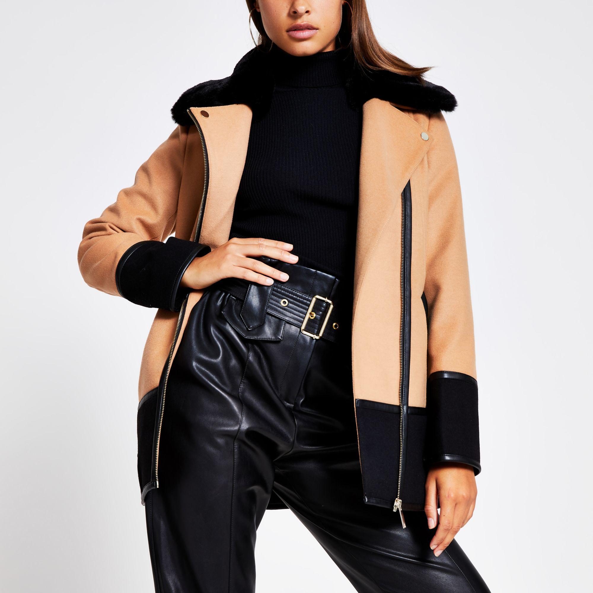 River Island Camel Colour Blocked Faux Fur Collar Coat In Black Lyst