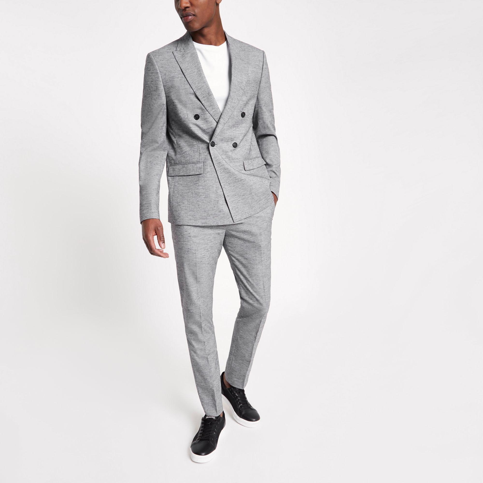 light gray double breasted suit