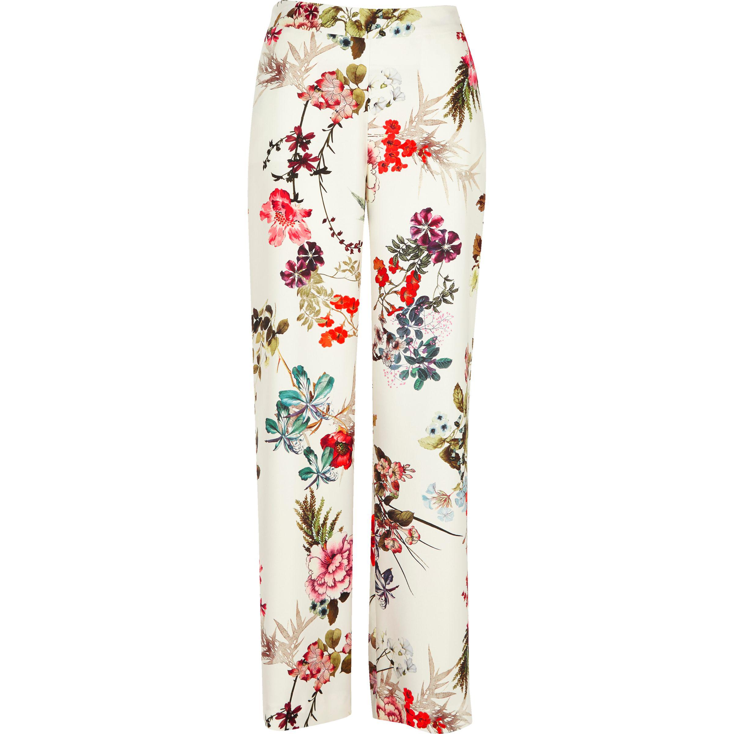 White Floral Print Wide Leg Trousers | Lyst