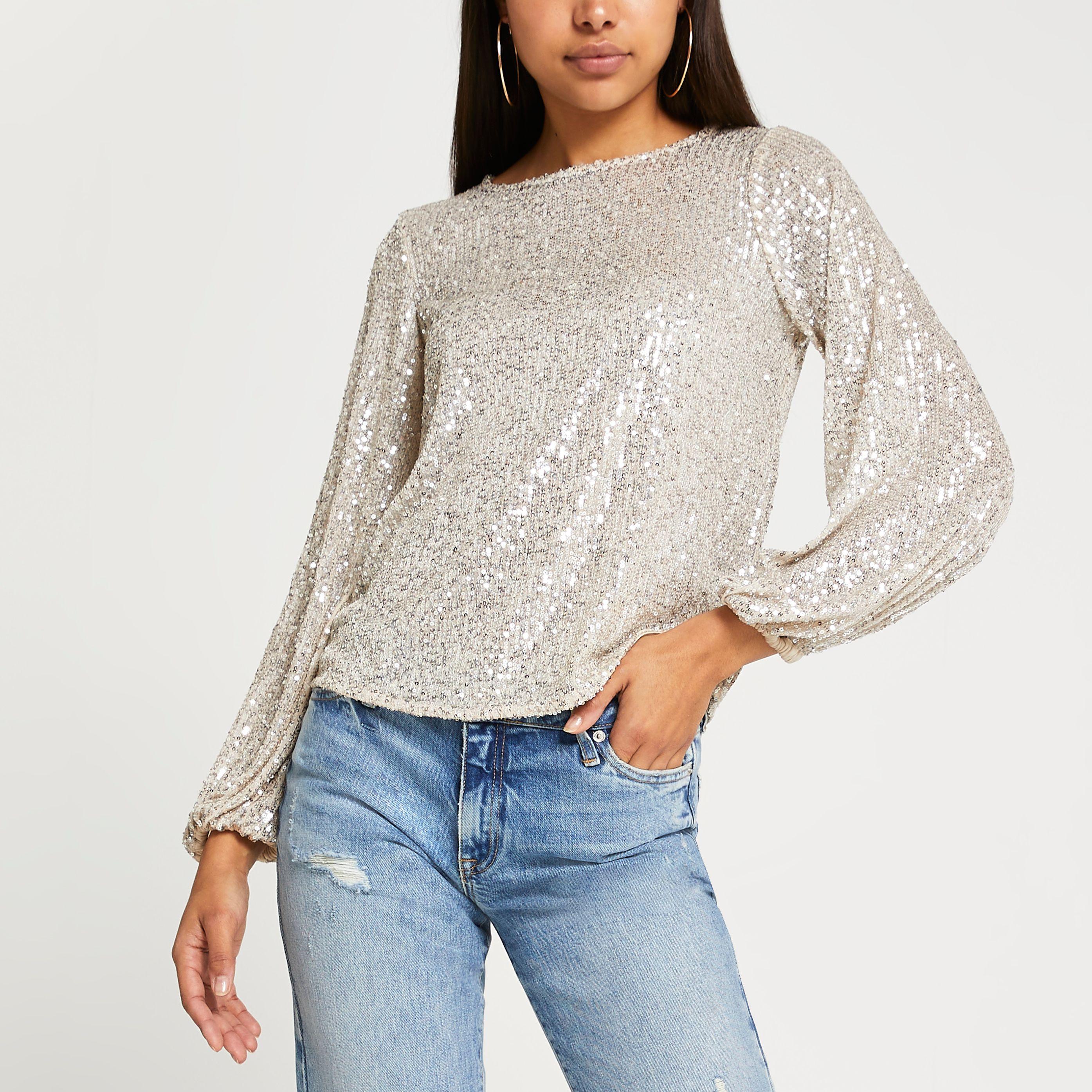 River Island Silver Long Sleeve Sequin Top in Grey | Lyst Canada