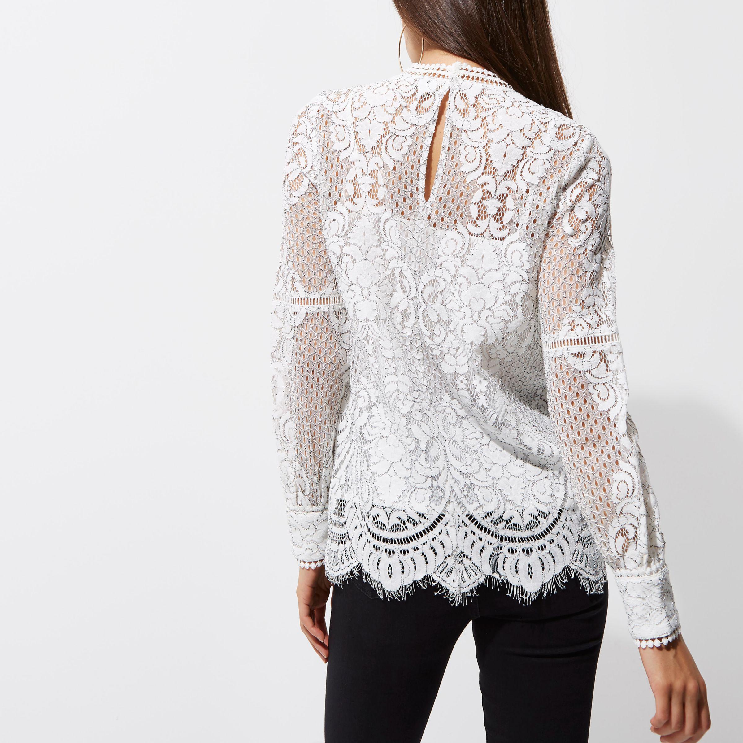 River Island White High Neck Lace Long Sleeve Top | Lyst