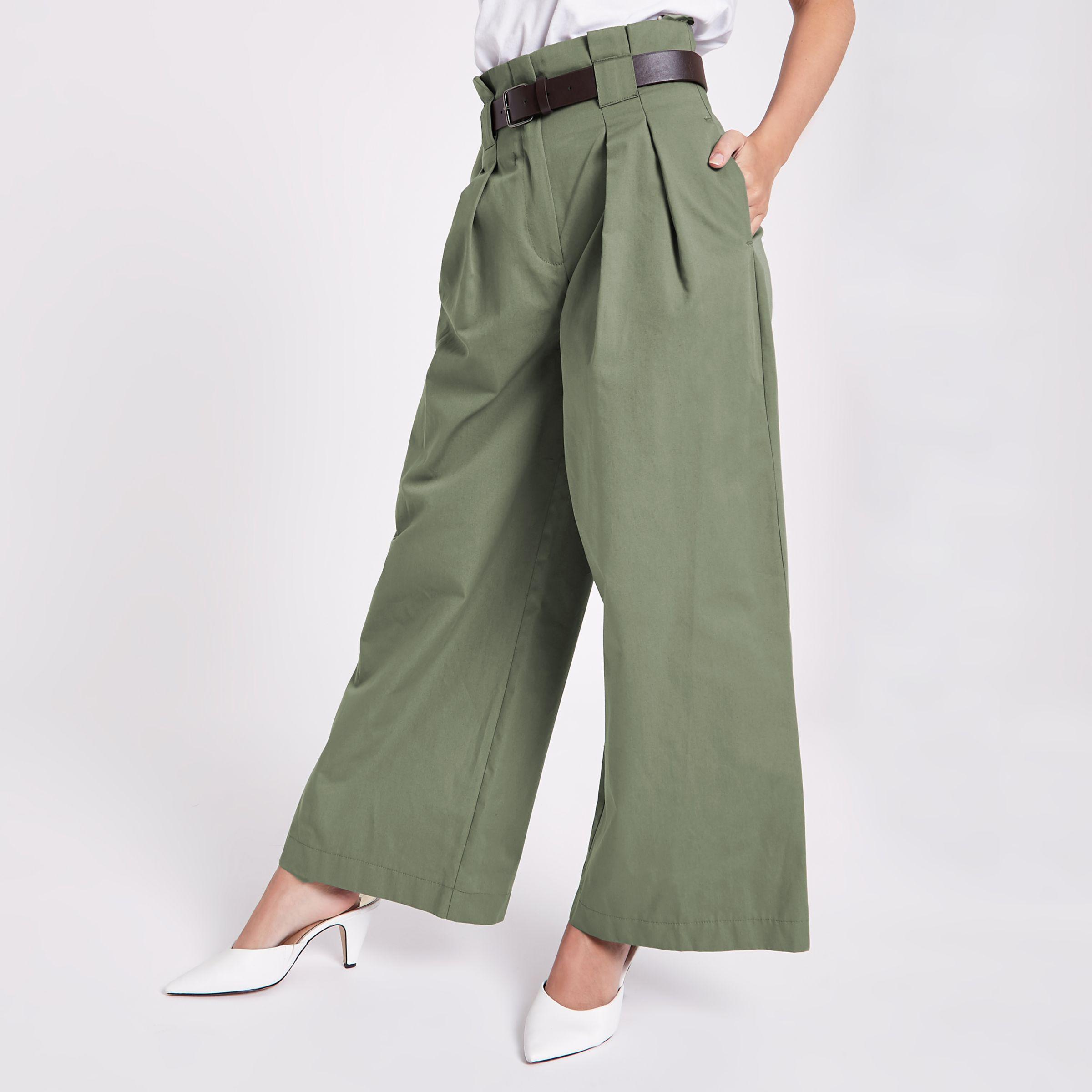 River Island Cotton Petite Green Paperbag Waist Wide Leg Trousers - Lyst