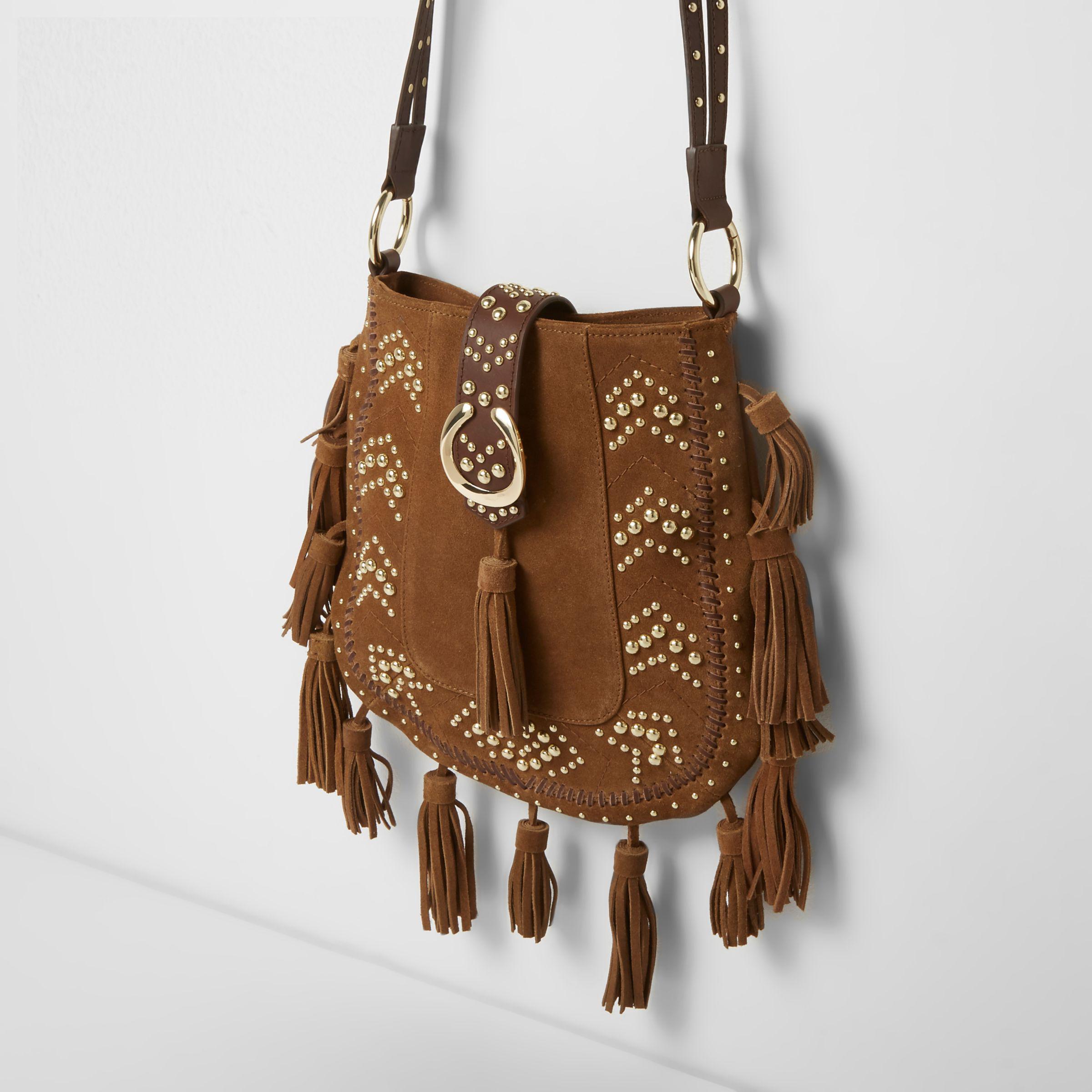 tan suede tassel bag