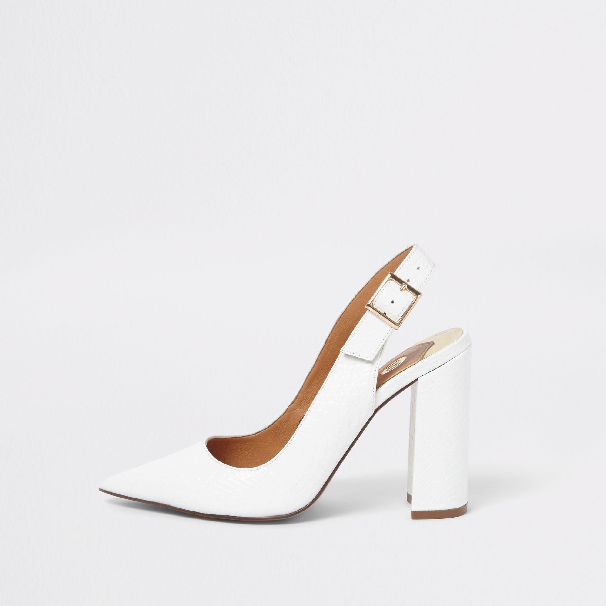 River Island Croc Block Heel Sling Back Court Shoes in White | Lyst UK