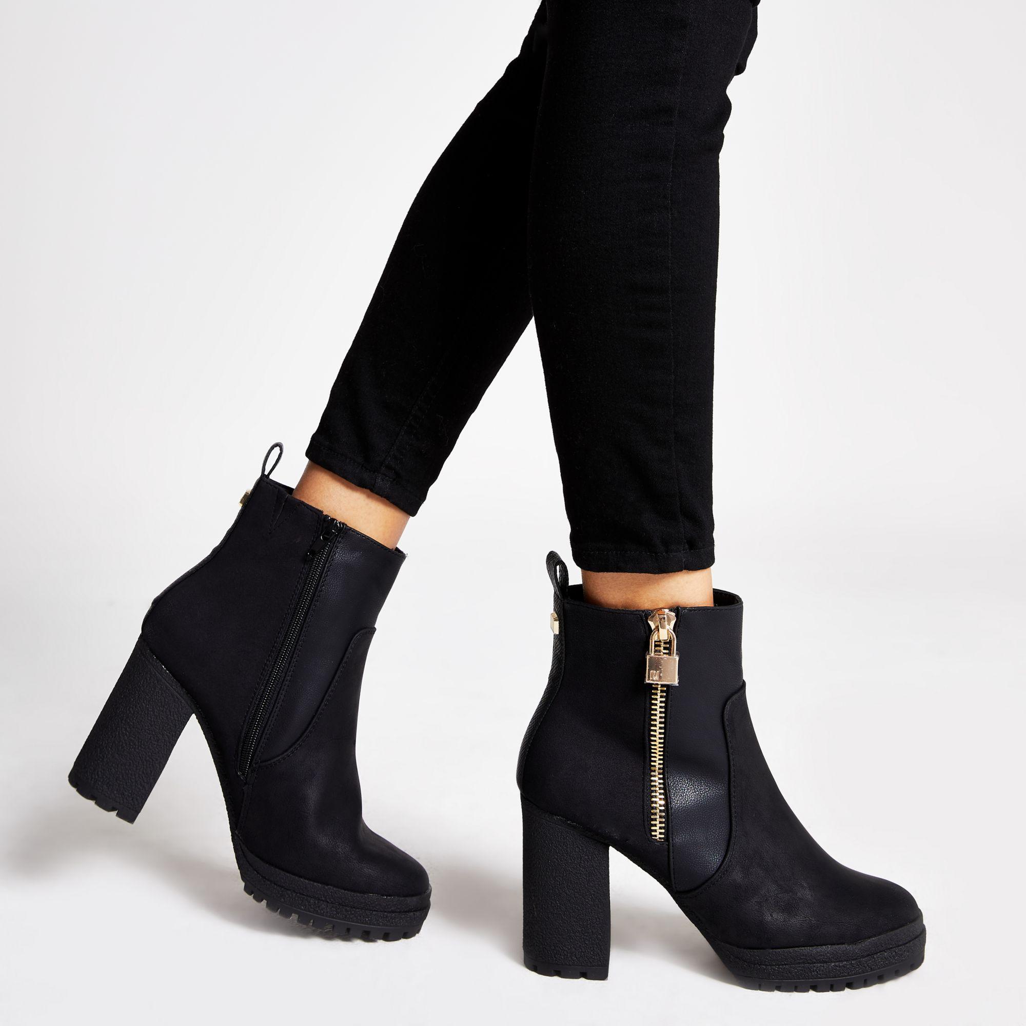 River Island Black Faux Leather Chunky Heel Ankle Boots - Lyst