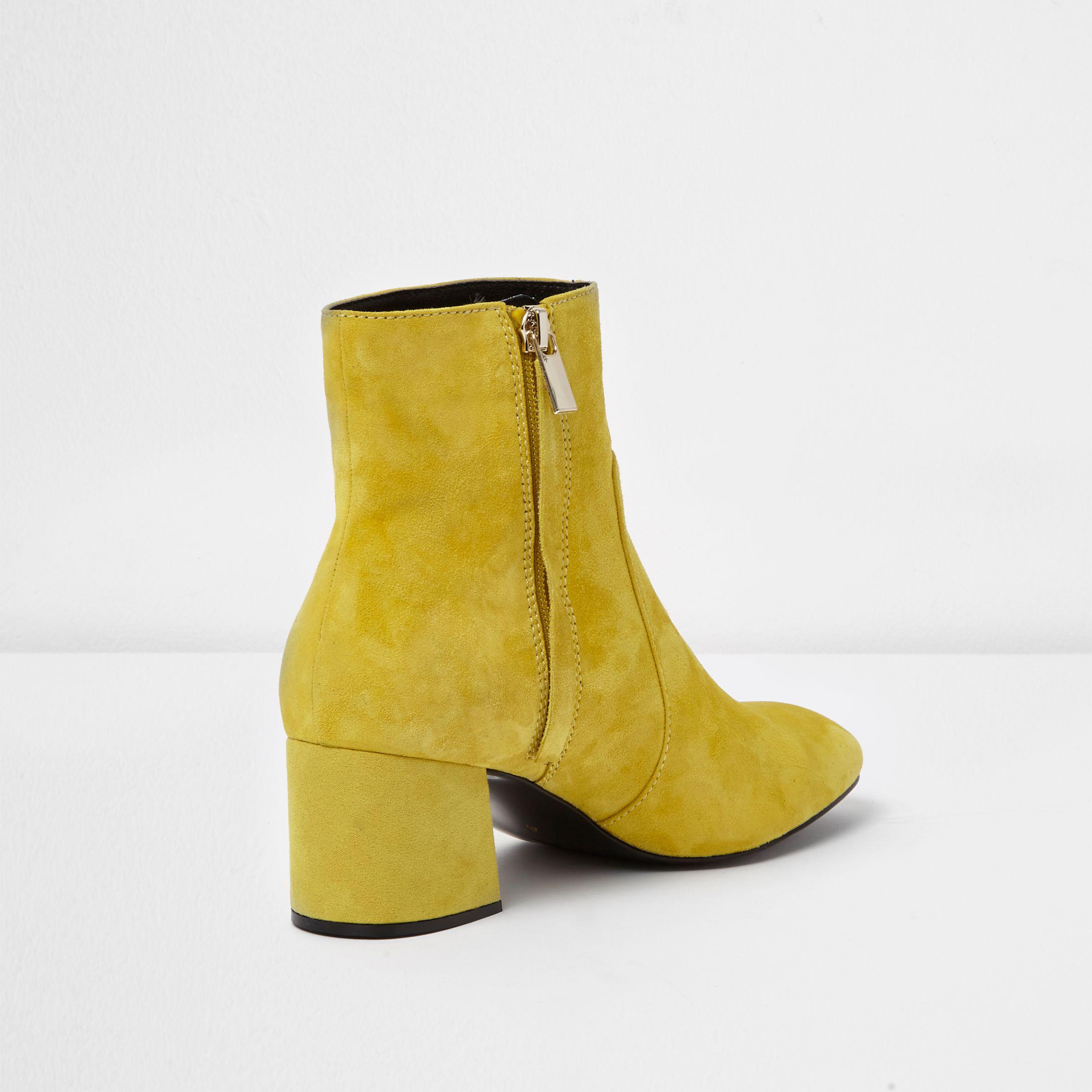 River Island Yellow Suede Block Heel Ankle Boots - Lyst