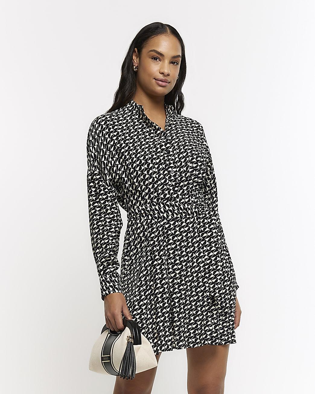 River Island Black Geometric Belted Mini Shirt Dress Lyst UK