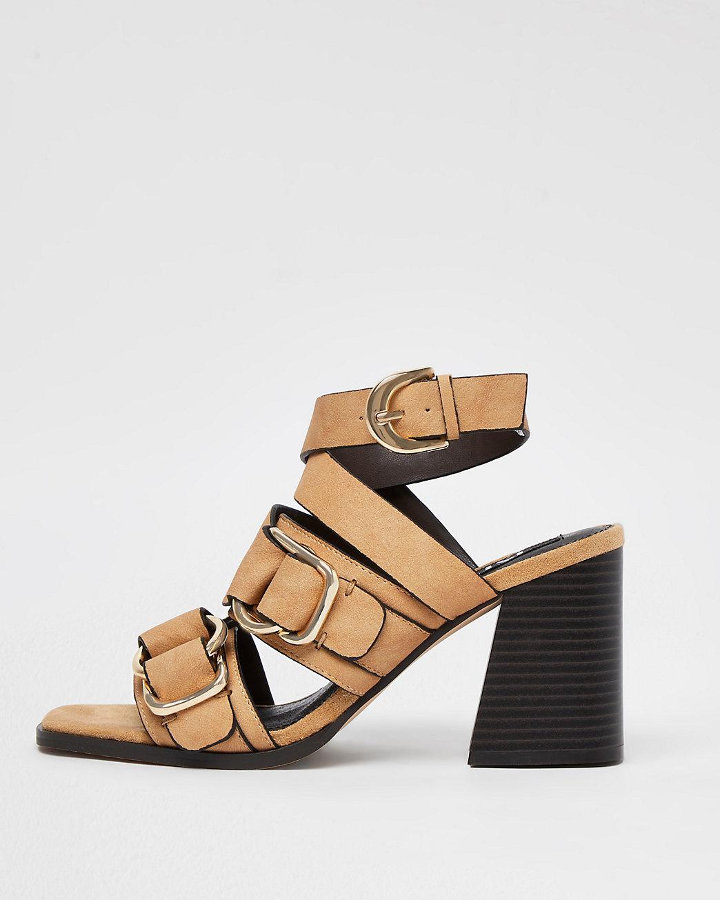 Beige Buckle Block Heels 