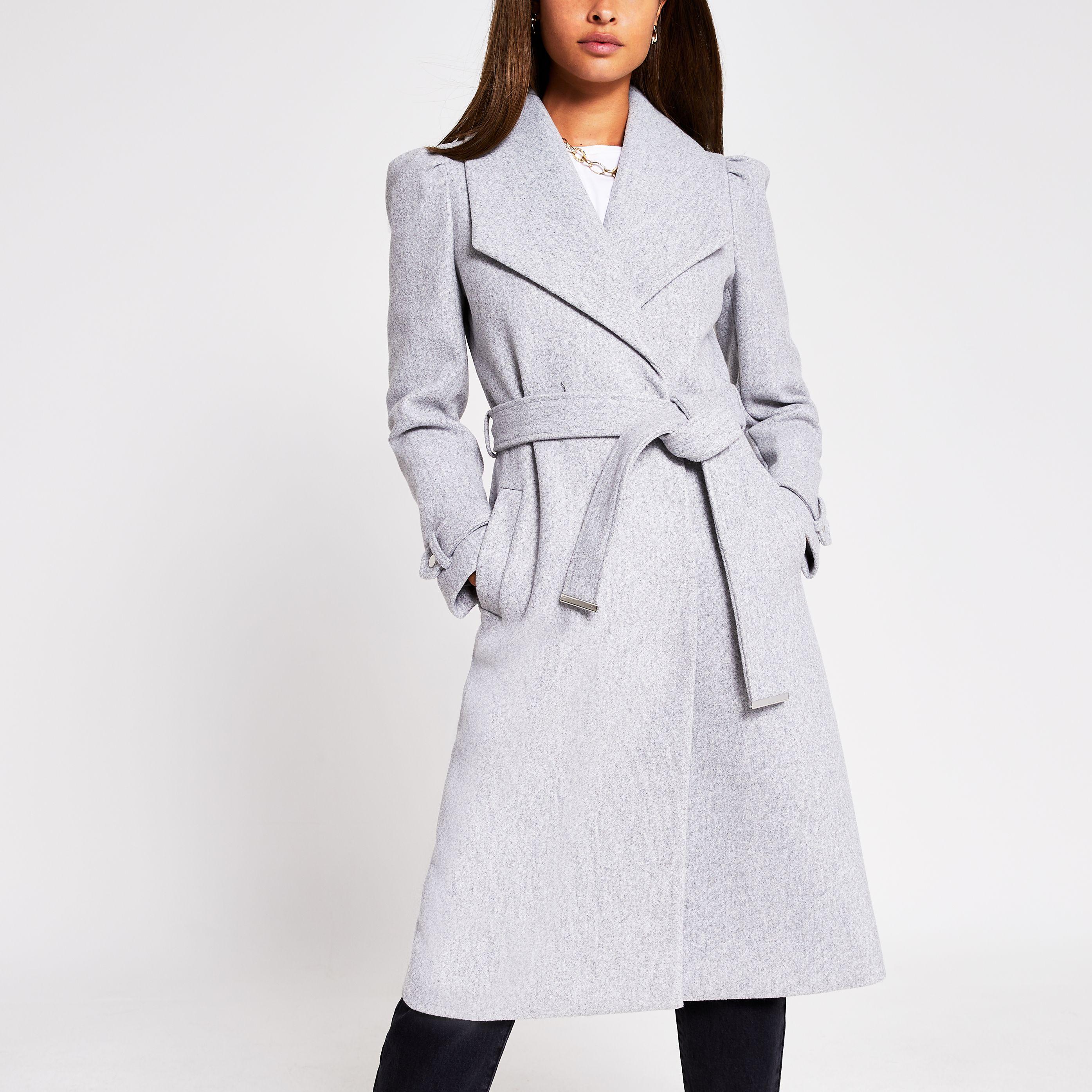River Island Puff-sleeved Belted Robe Coat in Grey | Lyst Canada