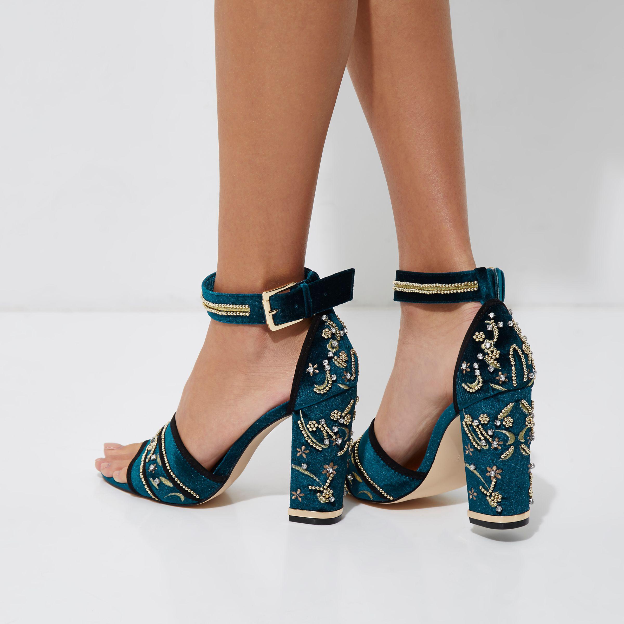 River Island Blue Velvet Embellished Block Heel Sandals - Lyst