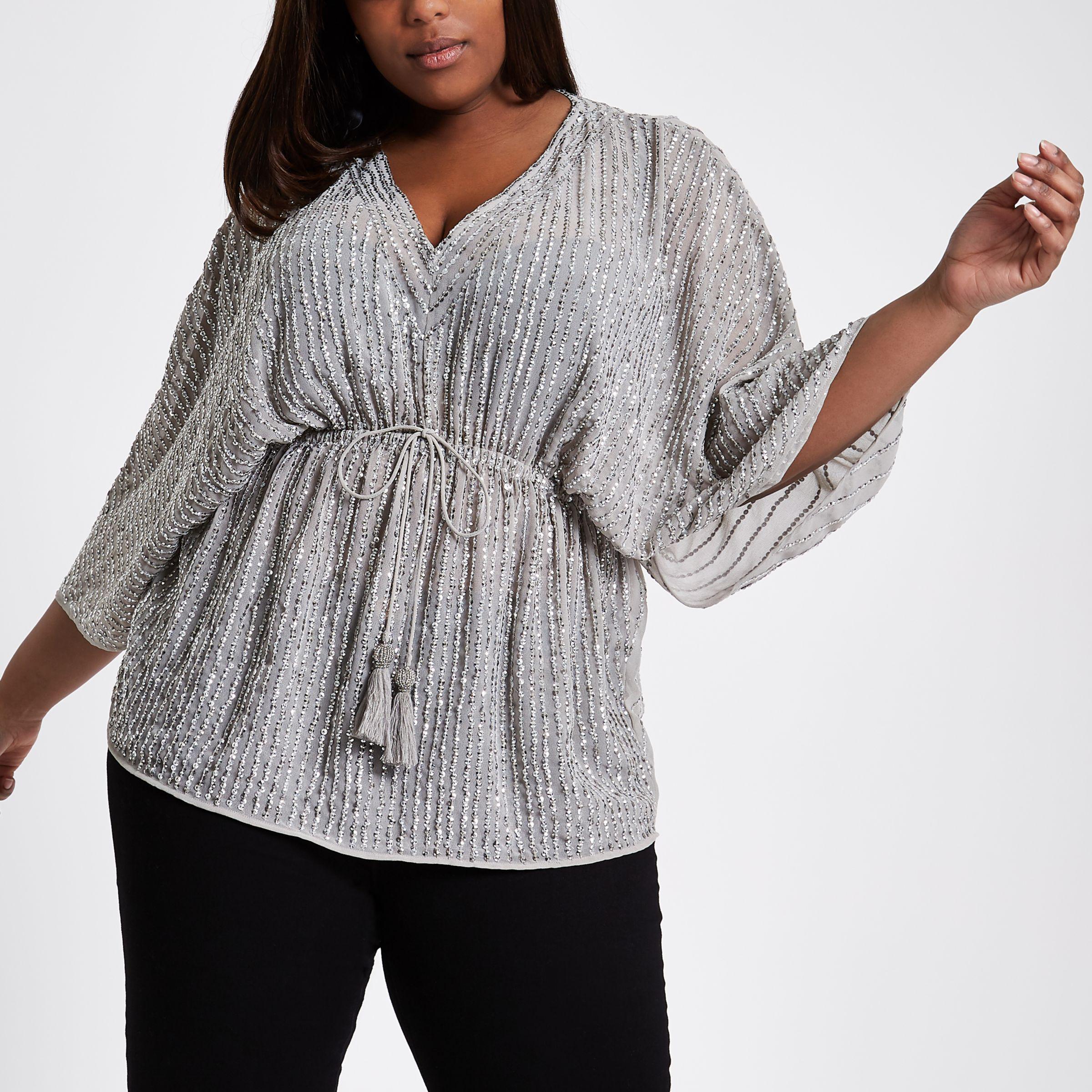 river island grey sequin top