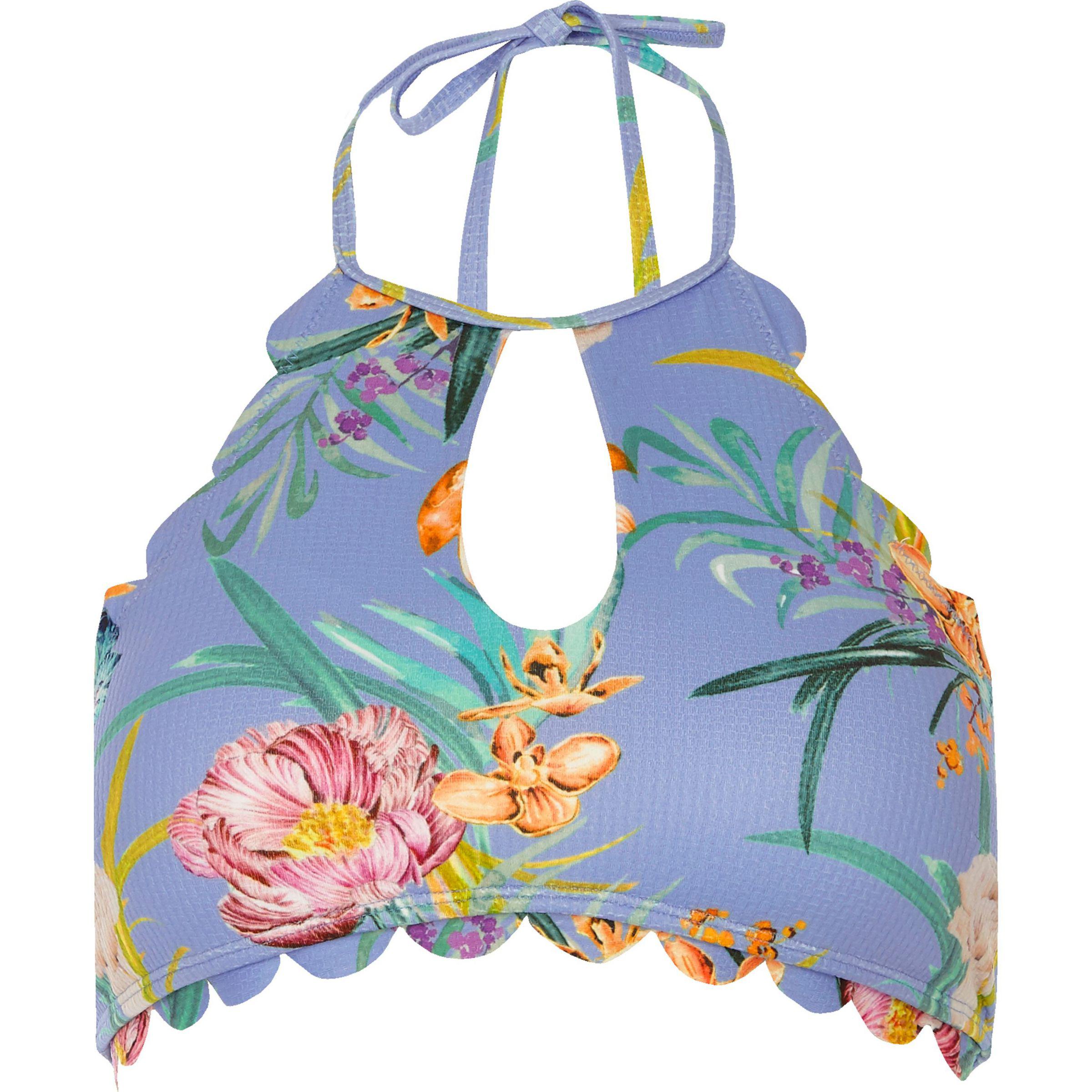 River Island Synthetic Floral Print Scalloped String Bikini Top in Blue ...