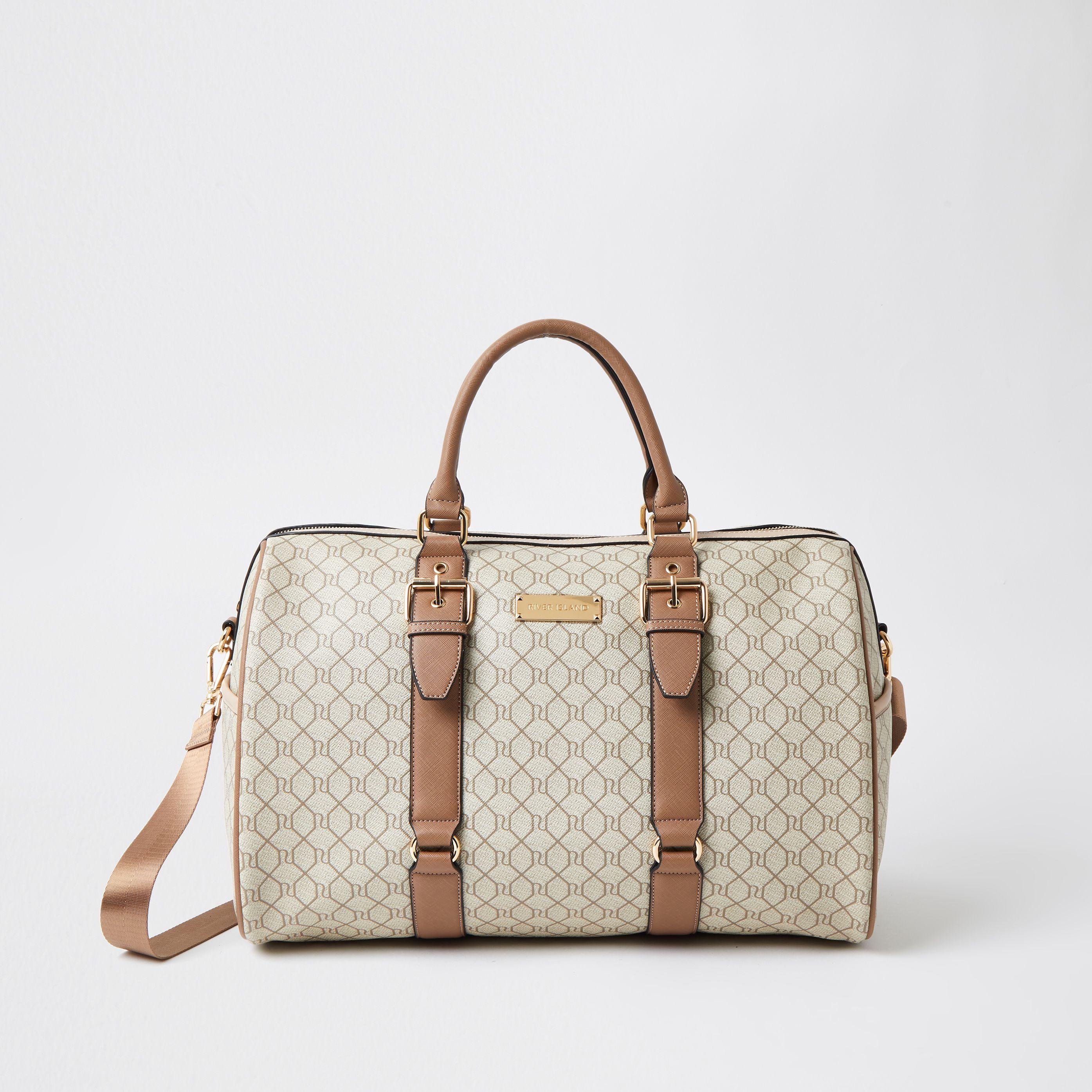 River Island Beige Ri Monogram Large Weekend Duffle Bag in Natural