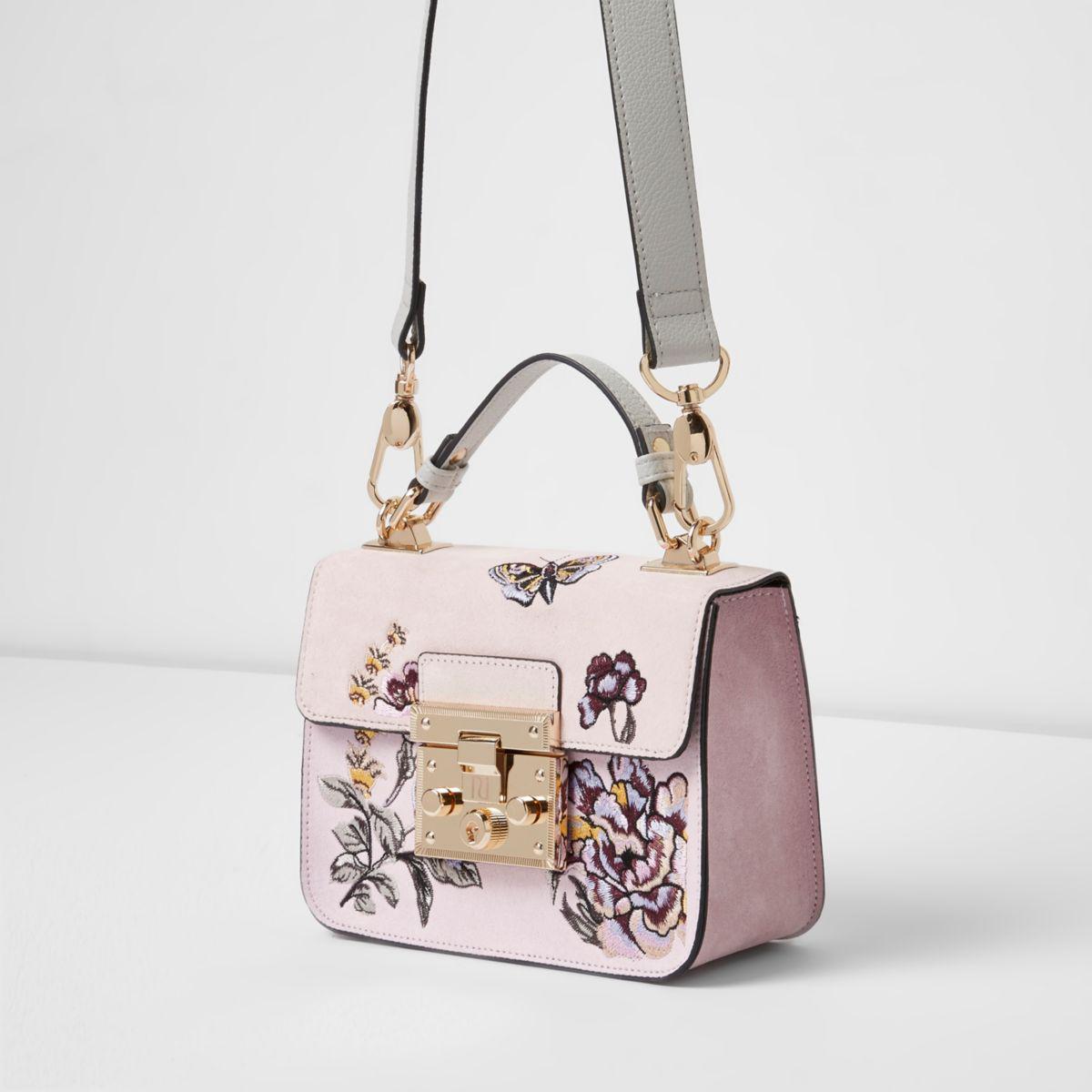 Lyst - River island Pink Embroidered Mini Lock Front Satchel Bag in Pink
