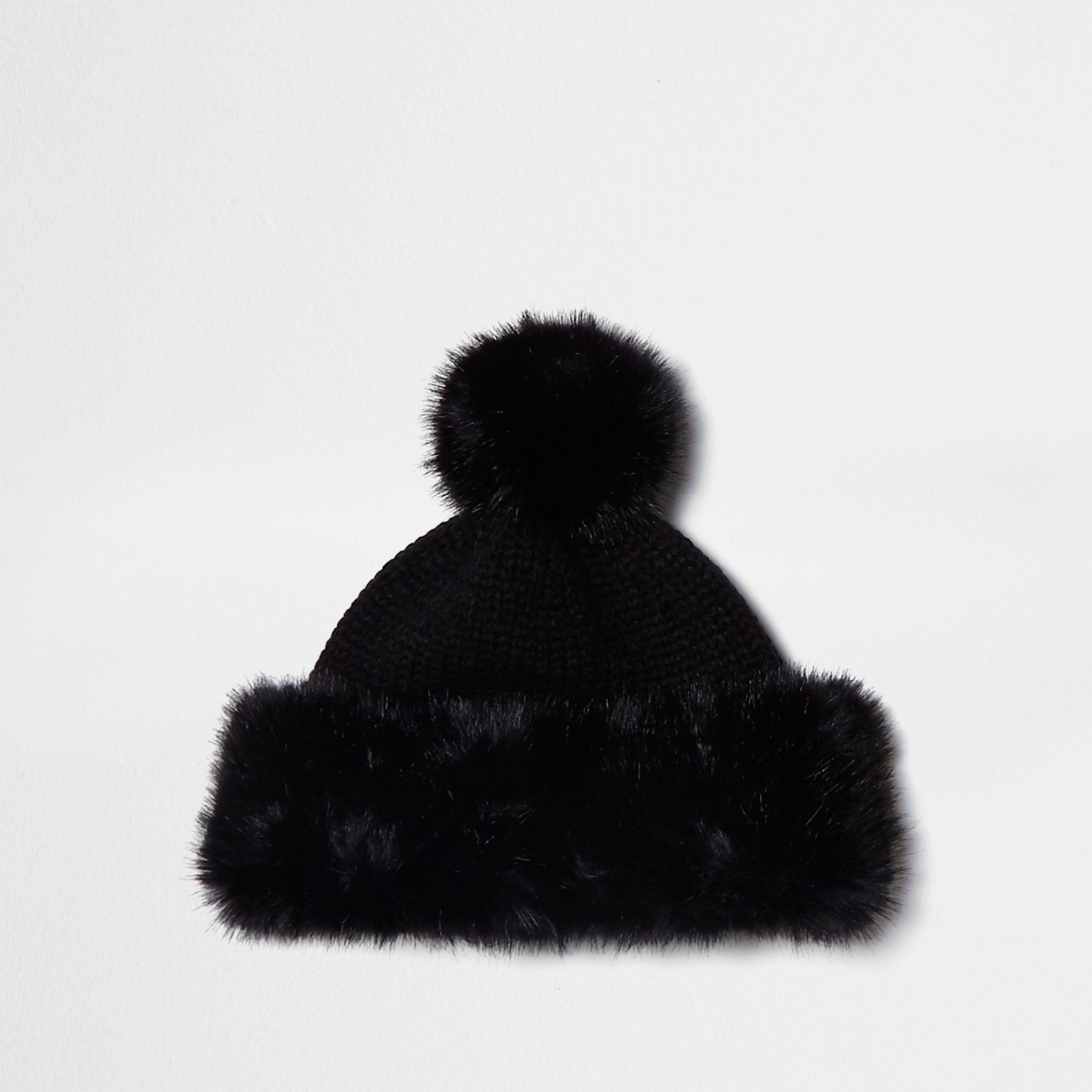 River Island Synthetic Black Knitted Faux Fur Trim Pom Pom Hat Black  Knitted Faux Fur Trim Pom Pom Hat - Lyst