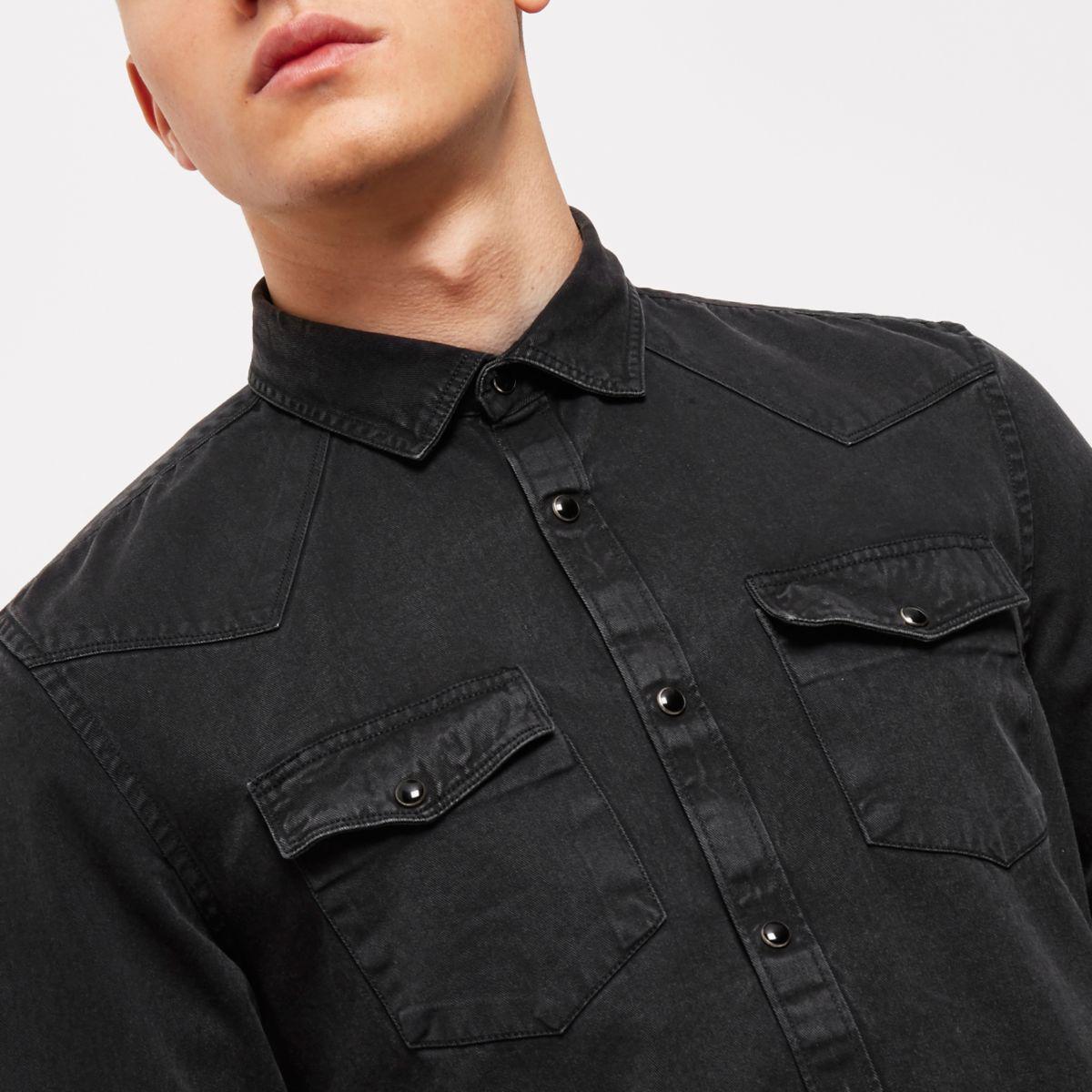 River Island Black Hooded Denim Shirt 