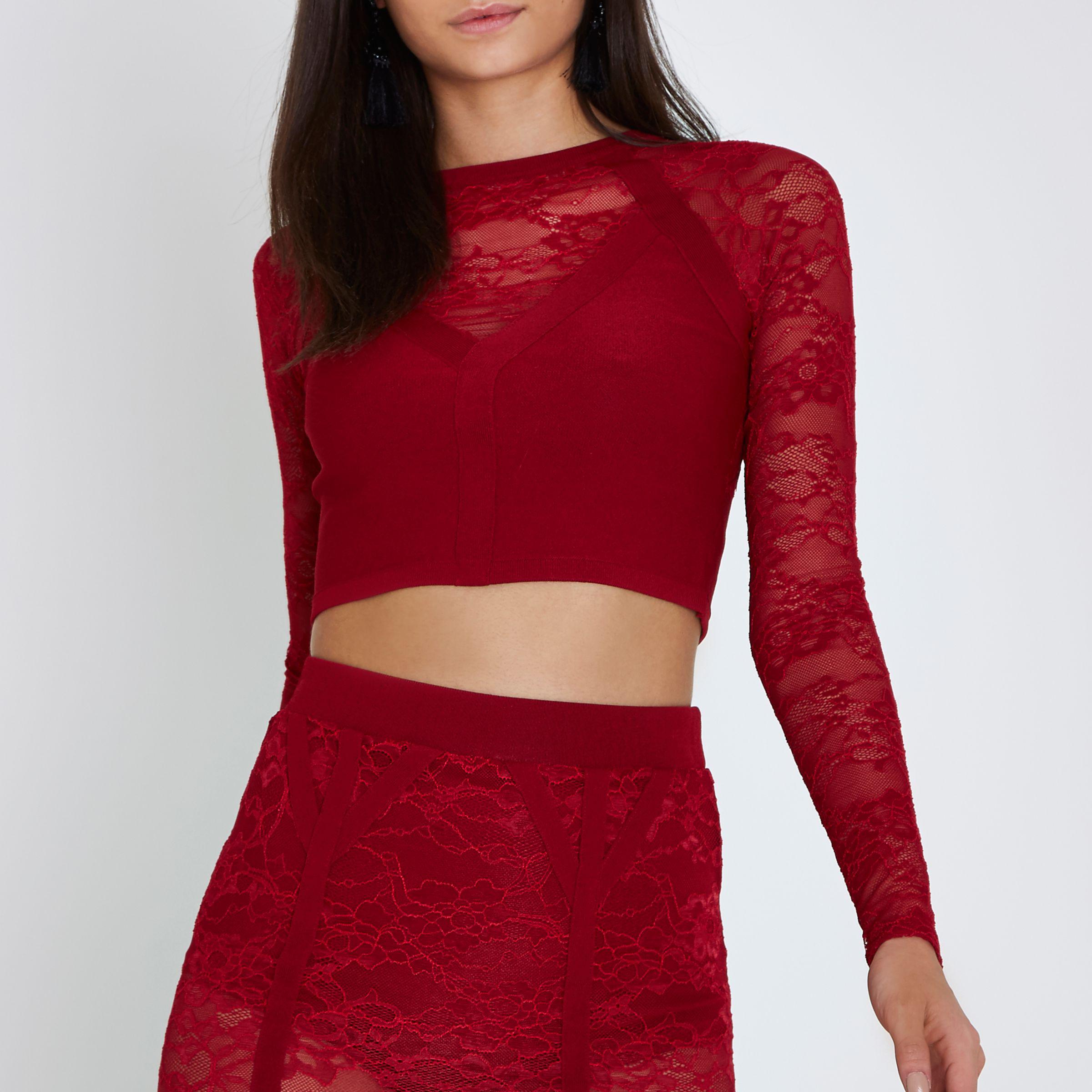 River Island Lace Long Sleeve Crop Top in Red - Lyst