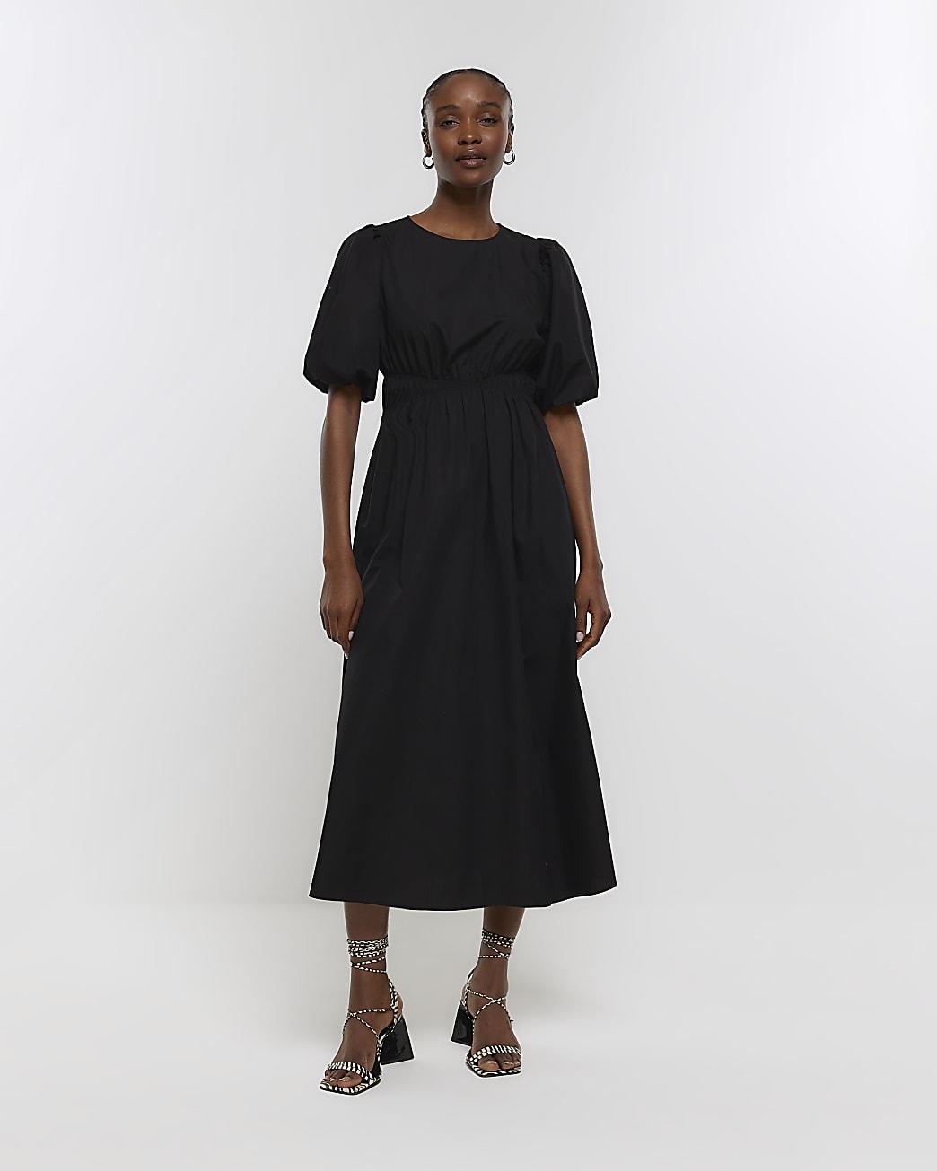 River Island Black Puff Sleeve Smock Midi Dress Lyst