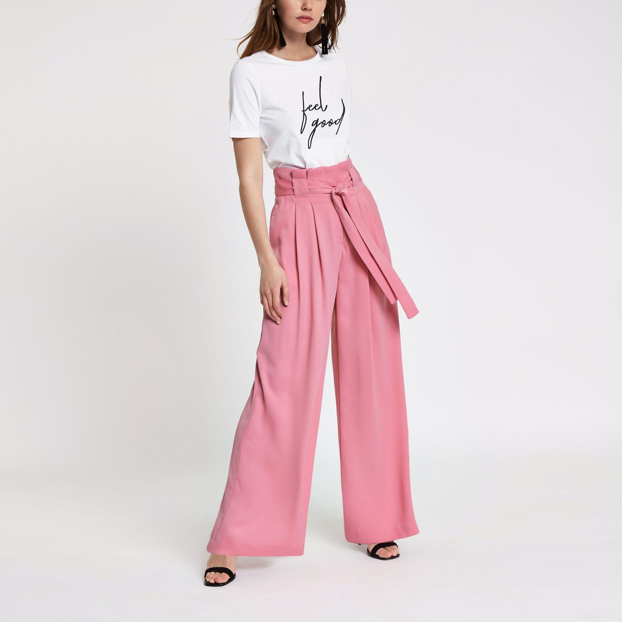River Island Synthetic Pink Paperbag Waist Wide Leg Trousers - Lyst