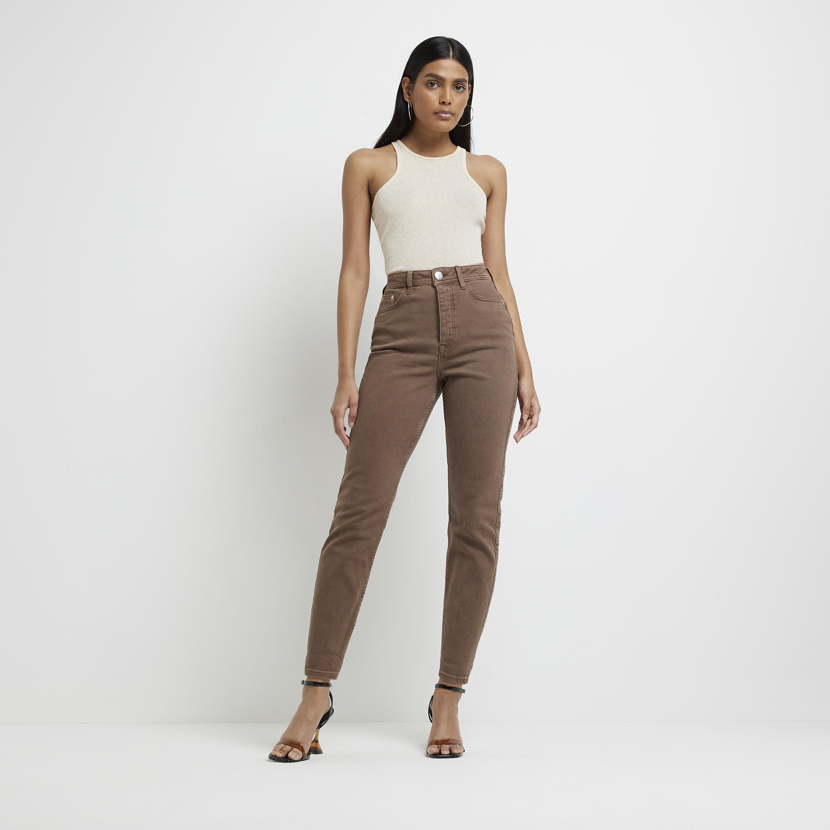 River Island Brown High Waisted Bum Sculpt Mom Jeans in Natural | Lyst UK
