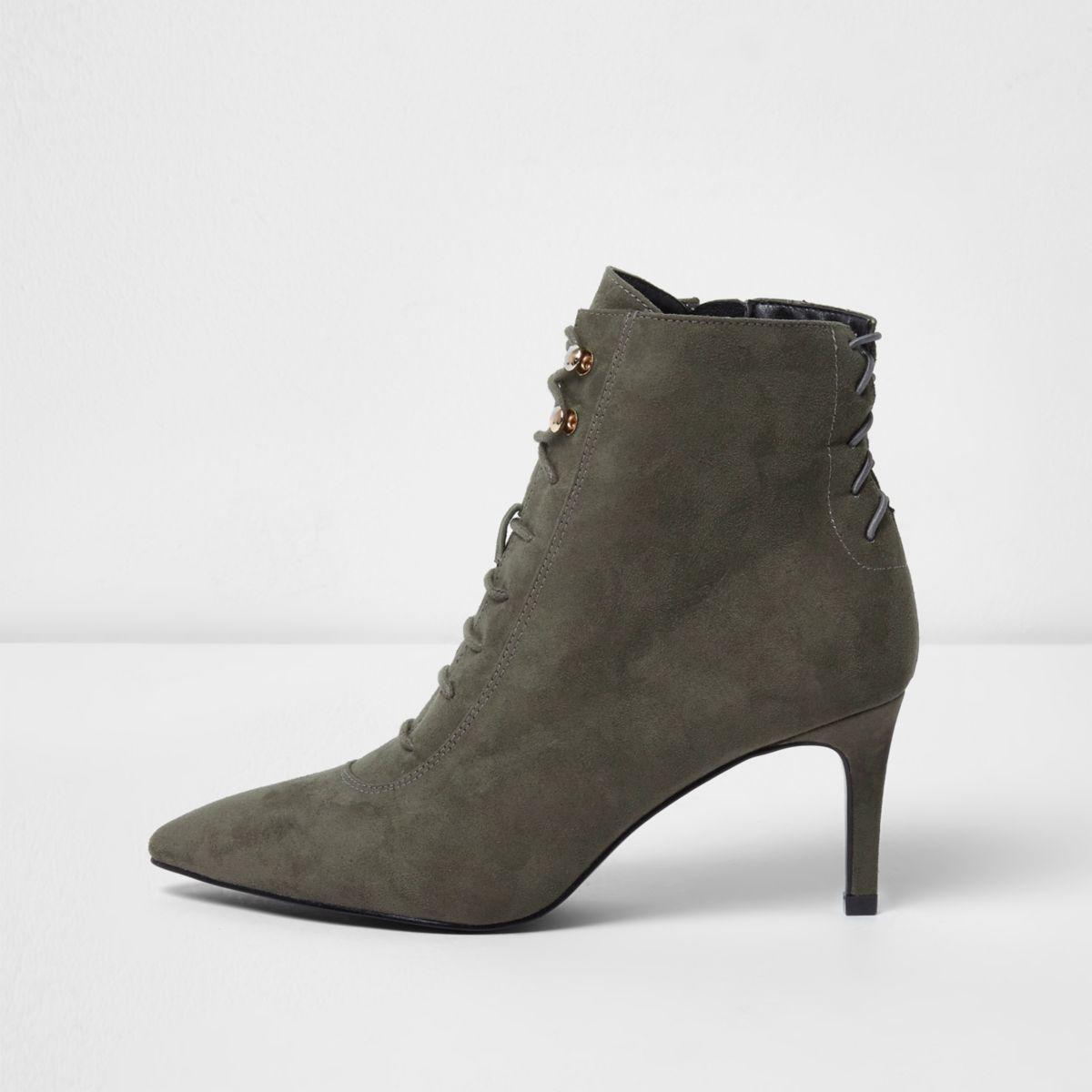 River Island Grey Grey Pointed Lace Up Kitten Heel Ankle Boots Grey Pointed Lace Up Kitten Heel Ankle Boots 