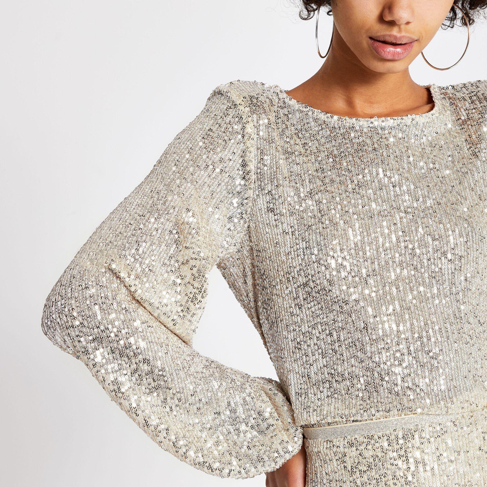 River Island Synthetic Sequin Long Balloon Sleeve Top in Silver (Metallic)  - Lyst