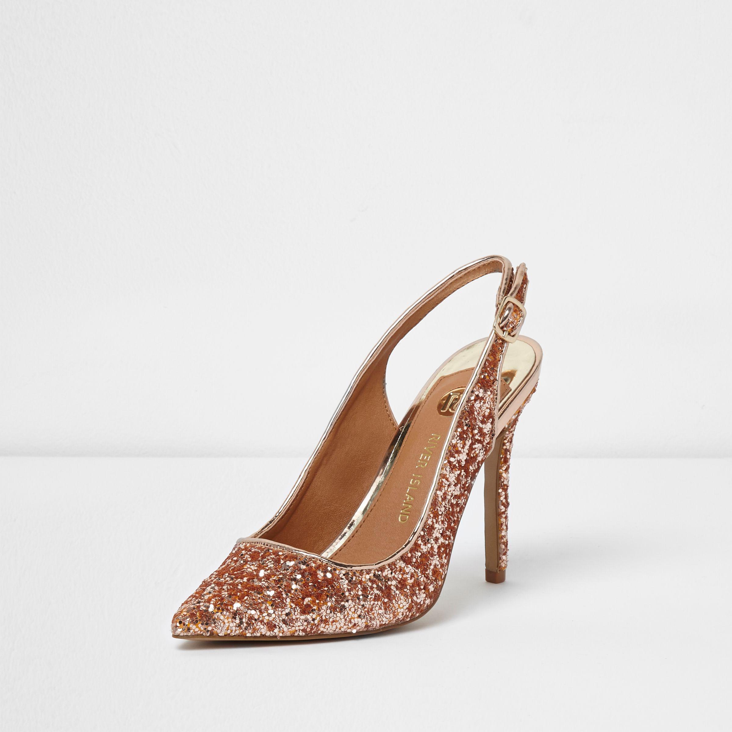 River Island Gold Glitter Slingback Court Shoes in Yellow ...