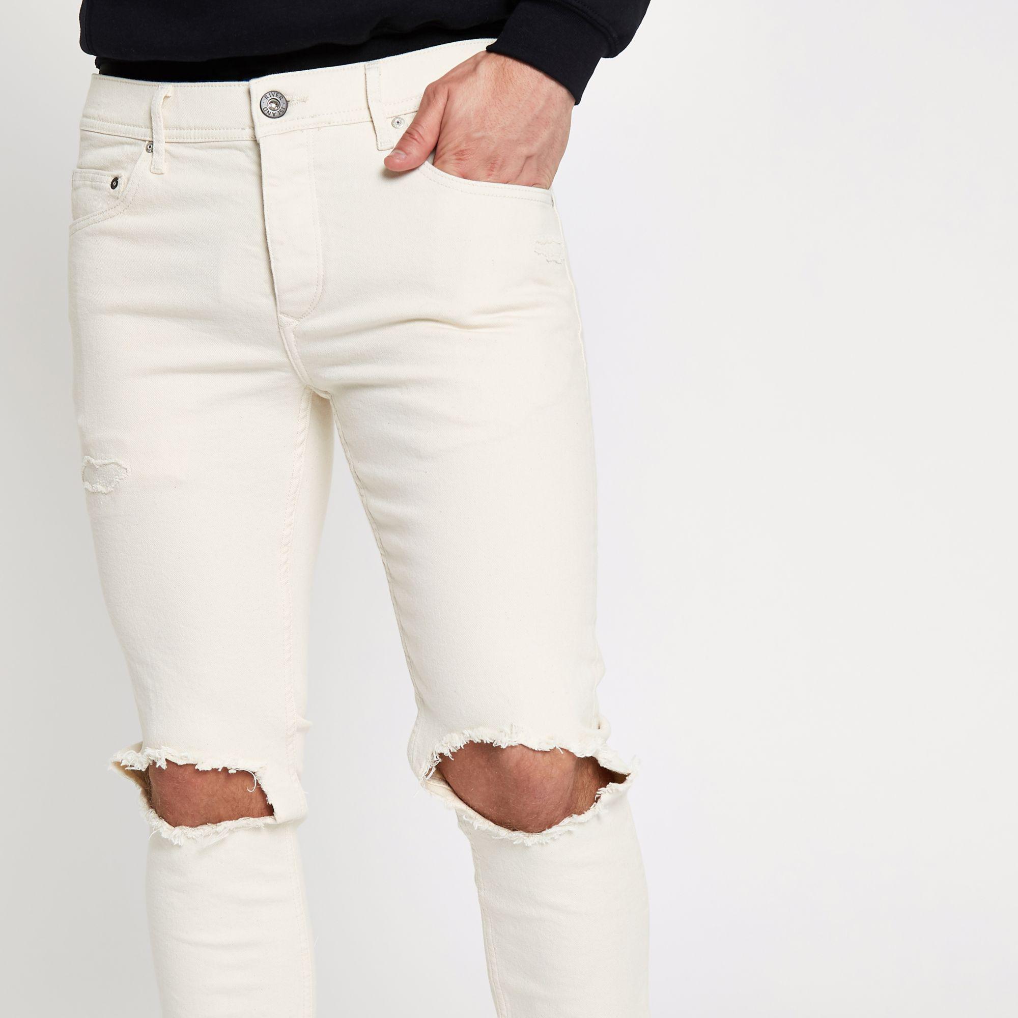 River Island Denim Cream Sid Ripped Skinny Jeans in Natural for Men - Lyst