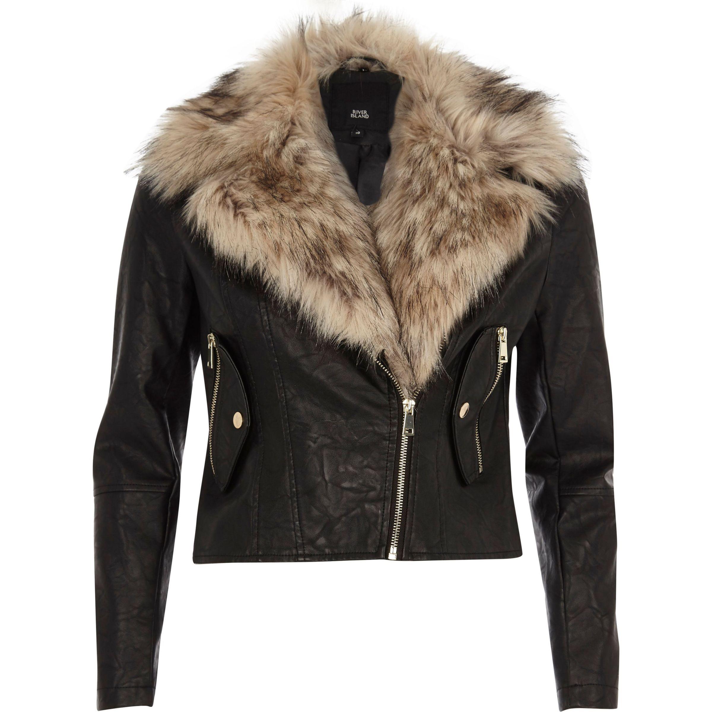 River Island Petite Black Faux Fur Collar Biker Jacket | Lyst UK