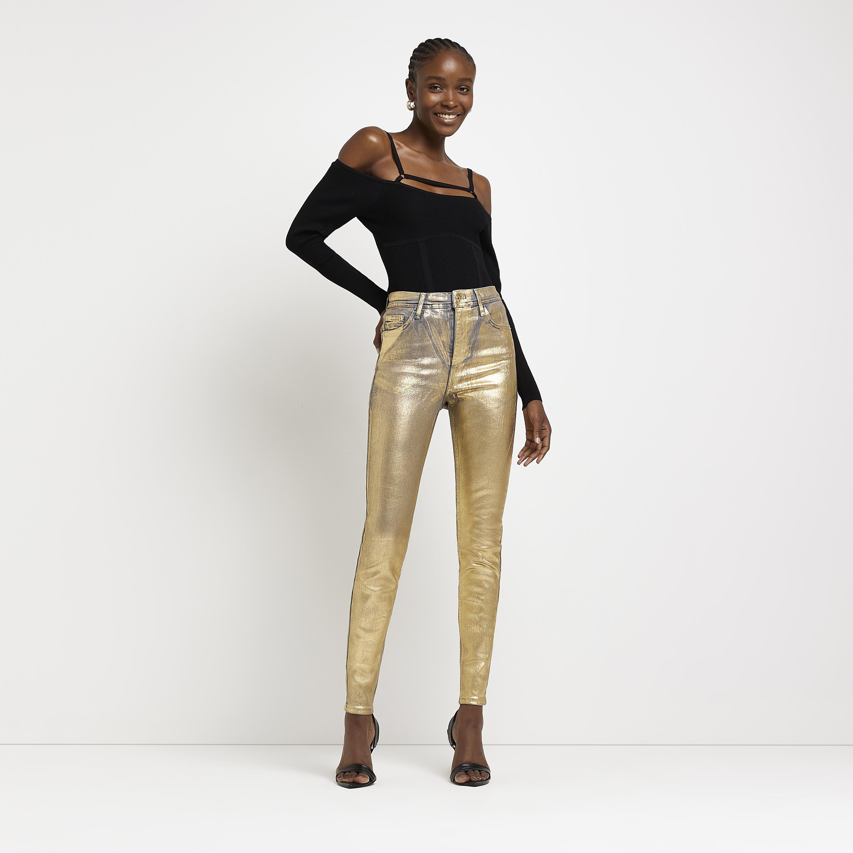 River Island Gold Coated High Waisted Skinny Jeans in White | Lyst UK
