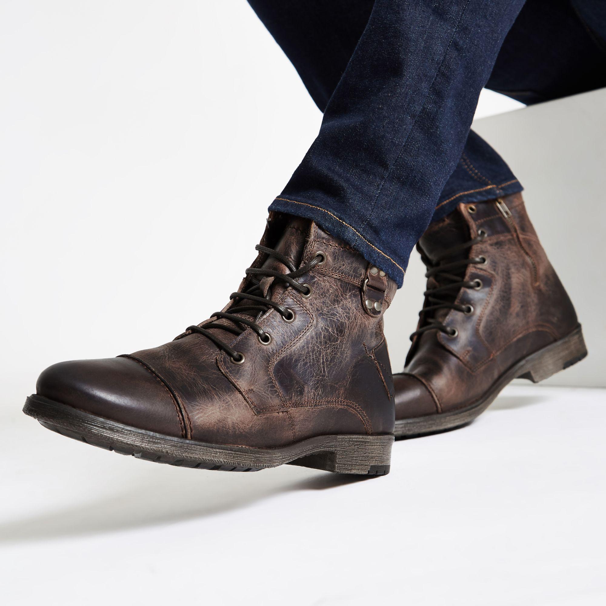 River Island Dark Brown Leather Lace-up Military Boots for Men | Lyst