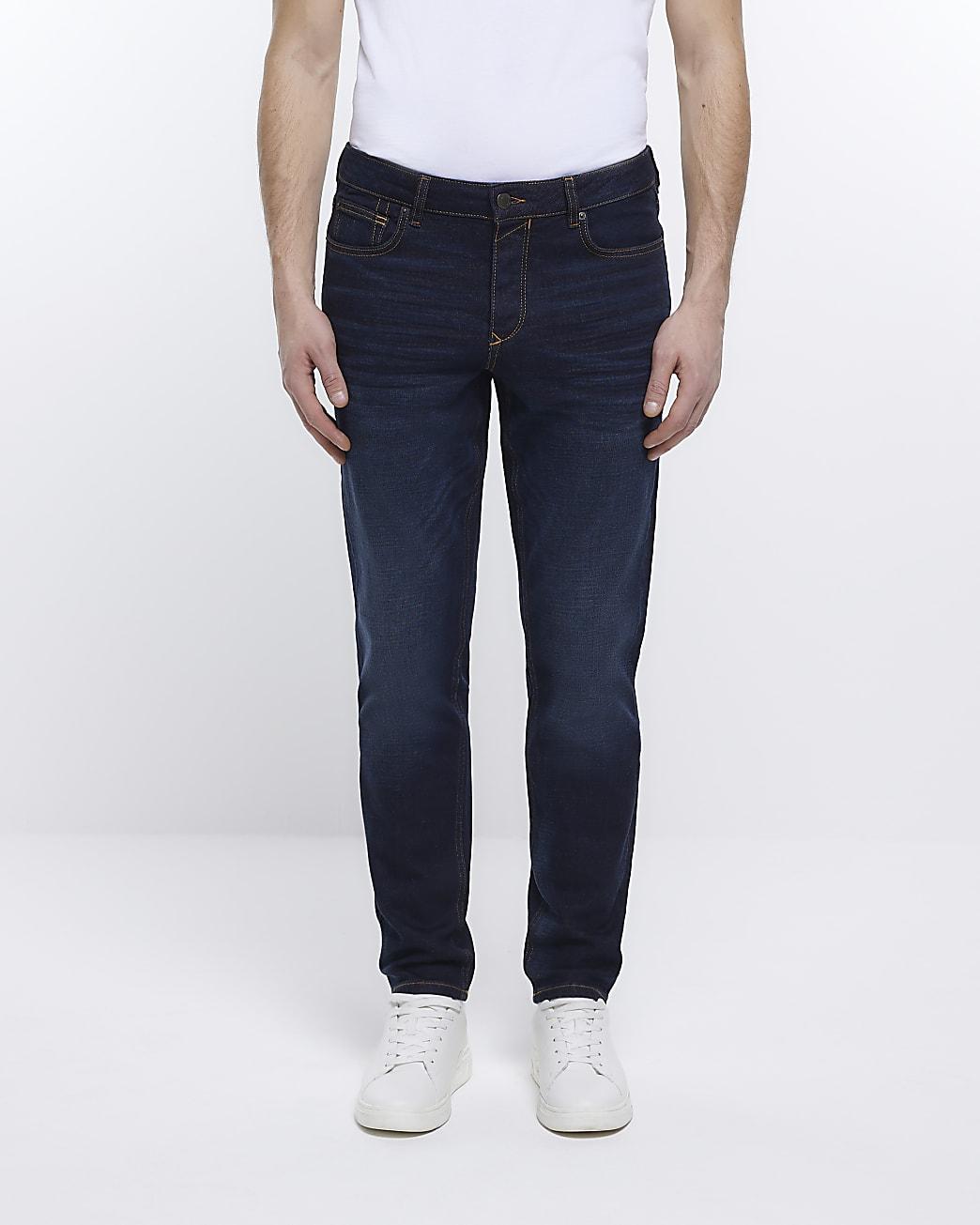 River Island Dark Blue Slim Fit Faded Jeans for Men | Lyst