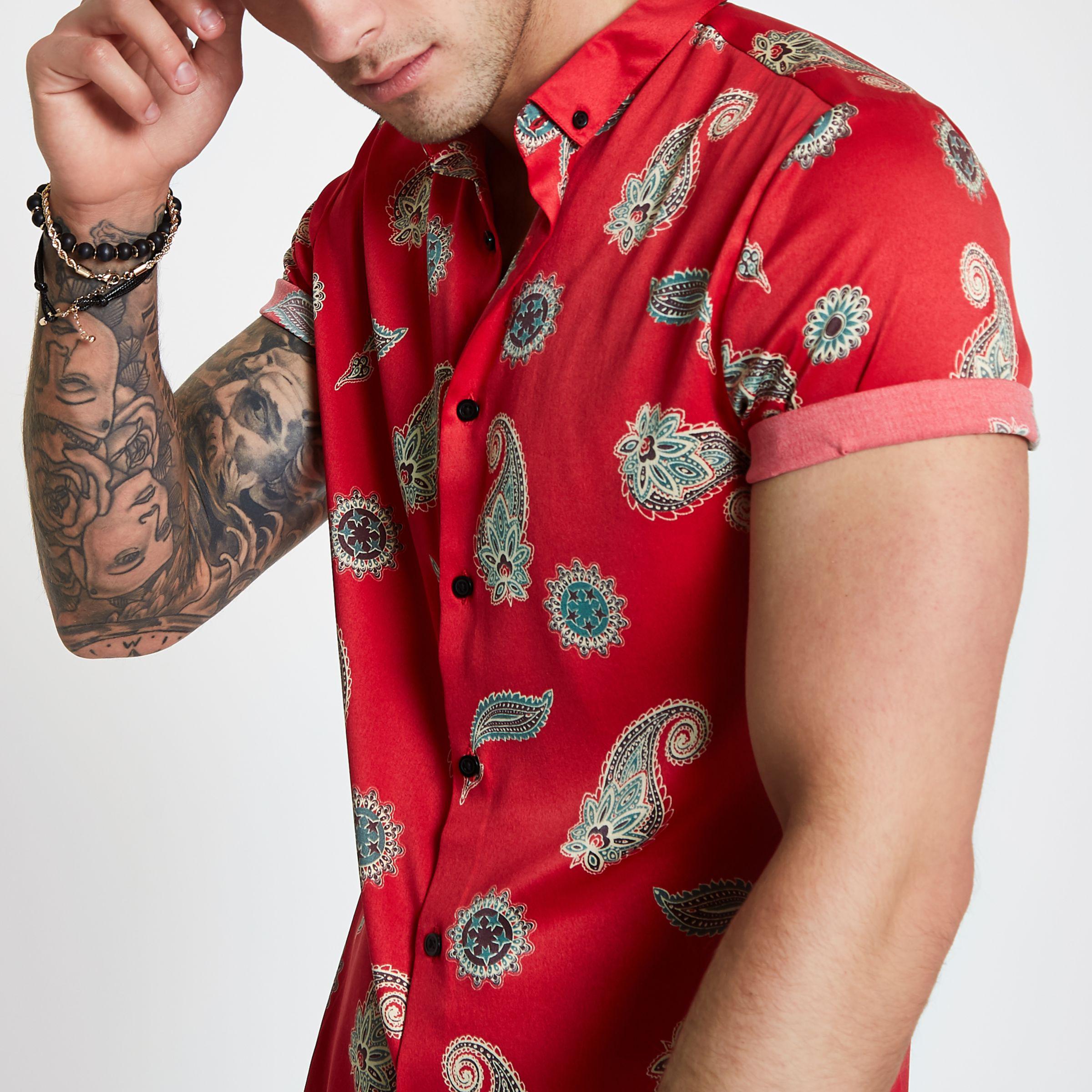 River Island Satin Paisley Slim Fit Short Sleeve Shirt in Red for Men ...