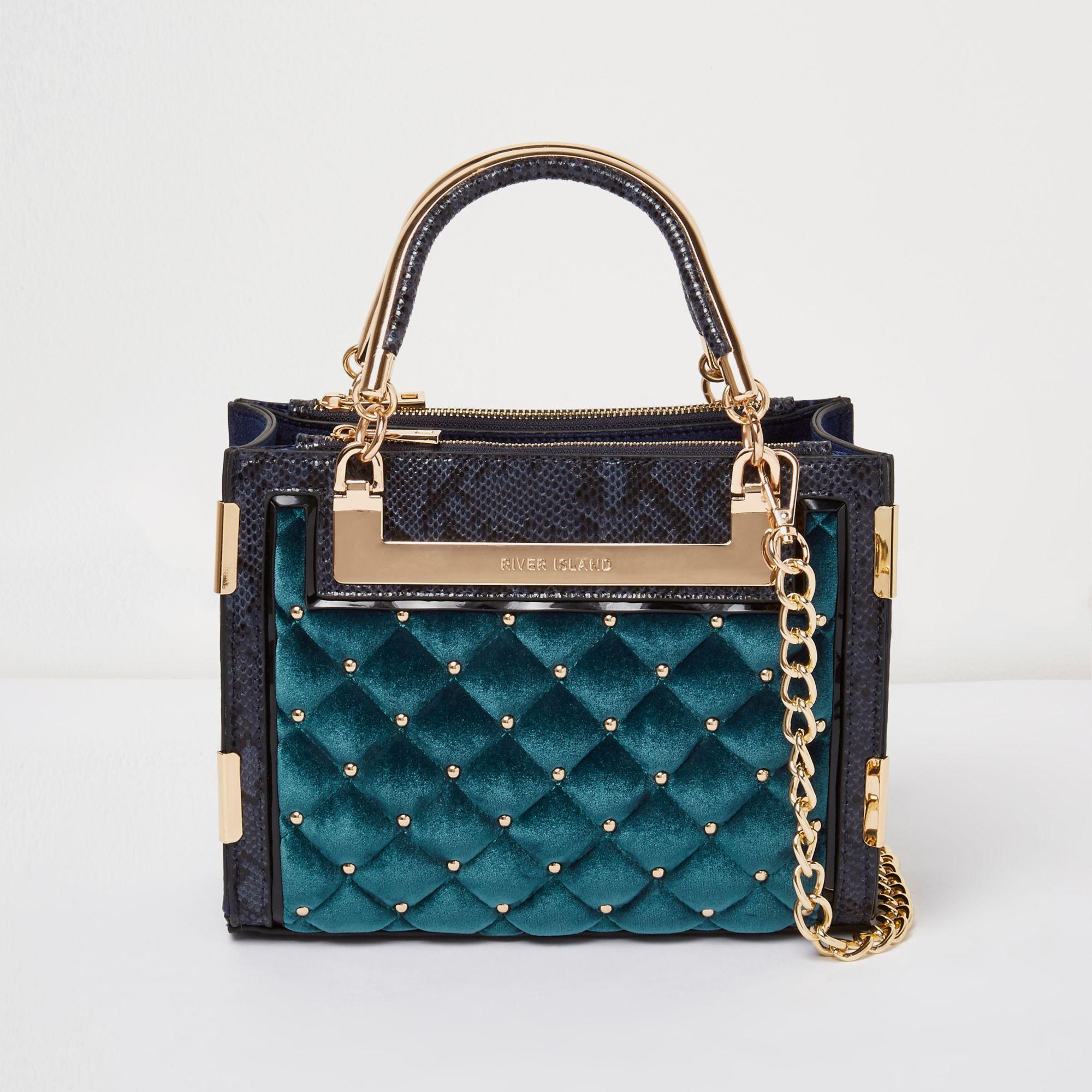 River Island Blue Quilted Velvet Stud Mini Tote Bag - Lyst