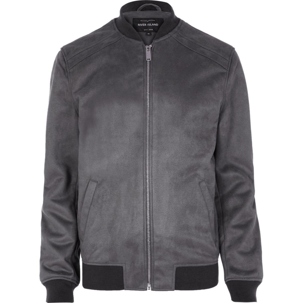 River Island Grey Faux Suede Bomber Jacket in Gray for Men | Lyst