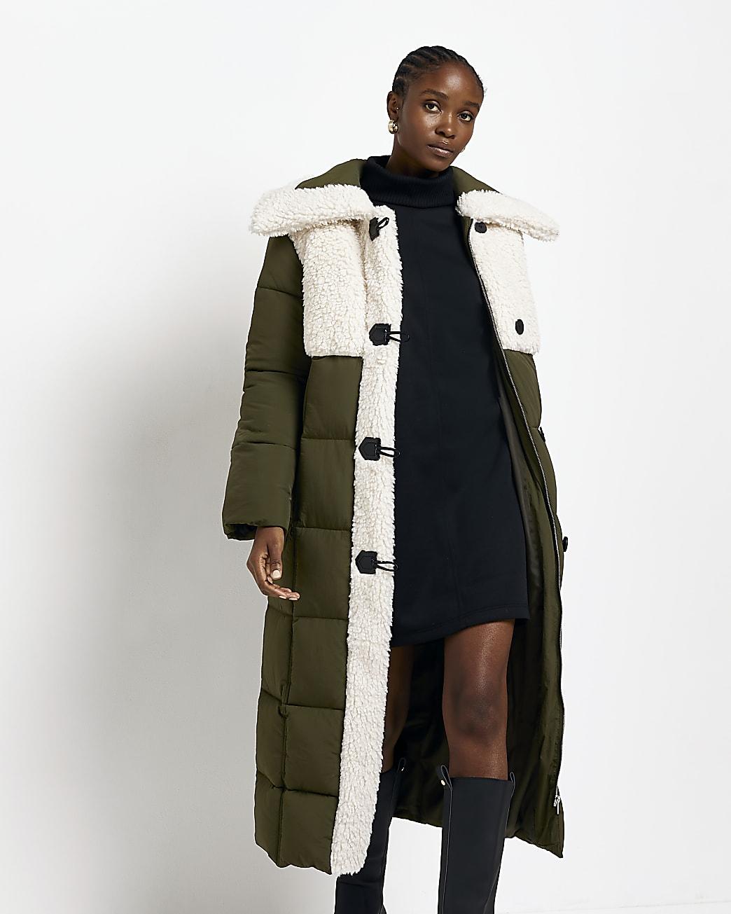 River Island Khaki Faux Longline Puffer Coat in Green Lyst UK