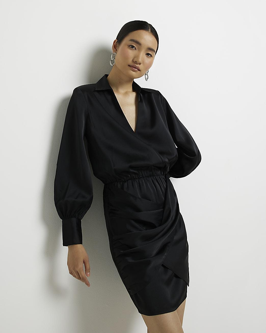 River Island Black Long Sleeve Satin Mini Shirt Dress | Lyst