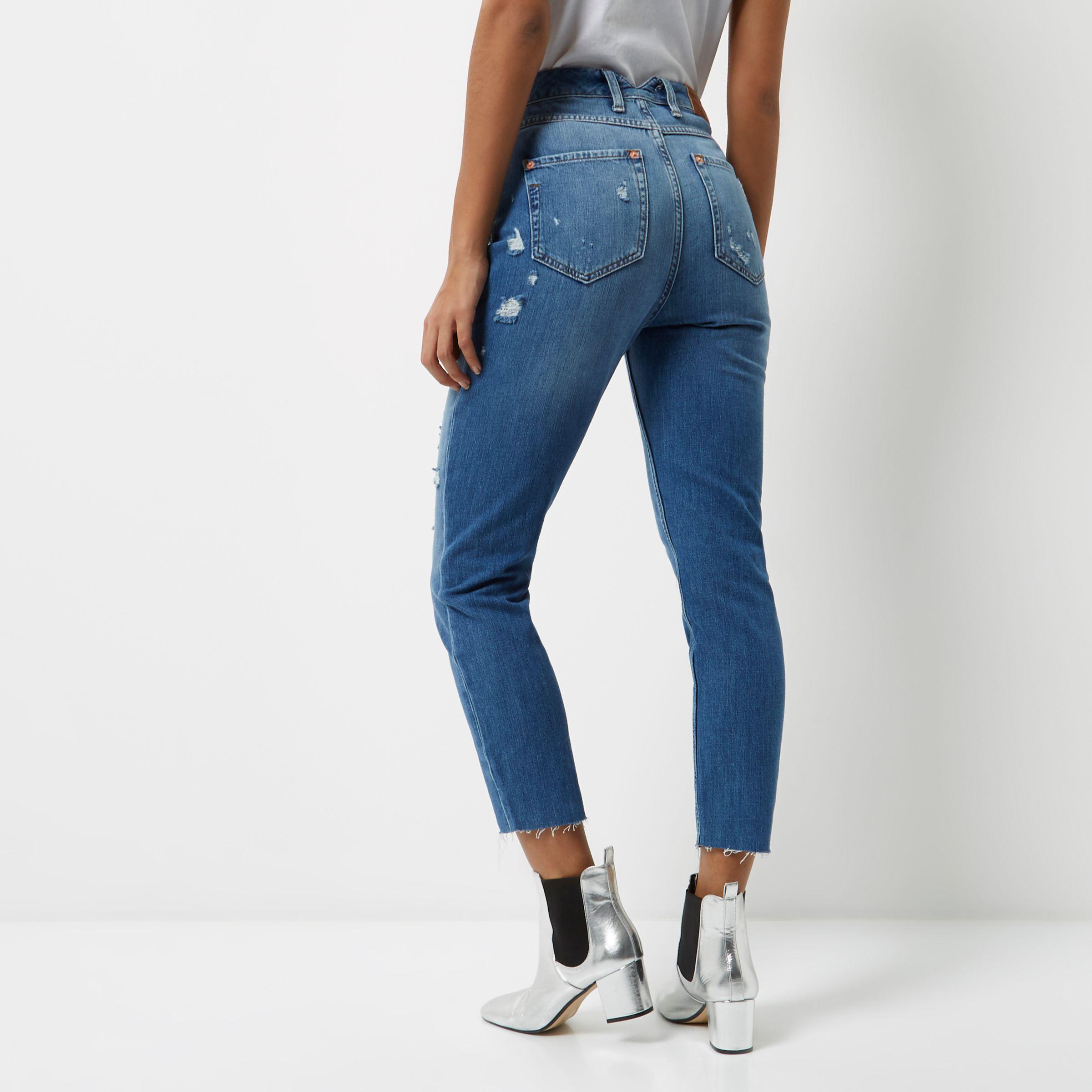 River Island Denim Mid Blue Wash Ripped Mom Jeans - Lyst