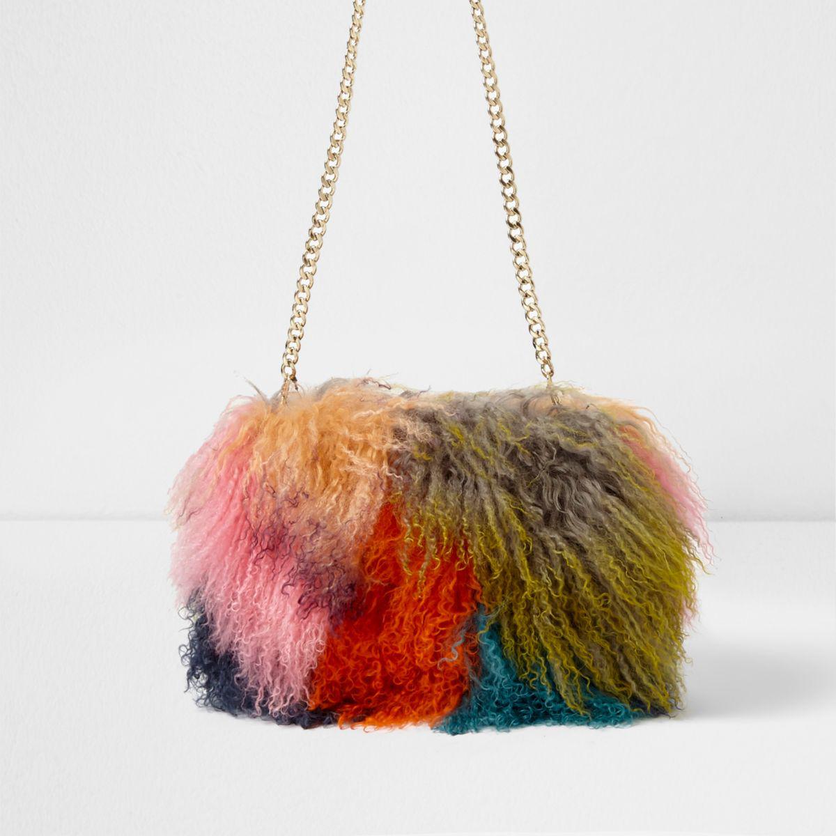 Lyst River Island Orange Multi Colour Mongolian Fur Chain Bag Gallery