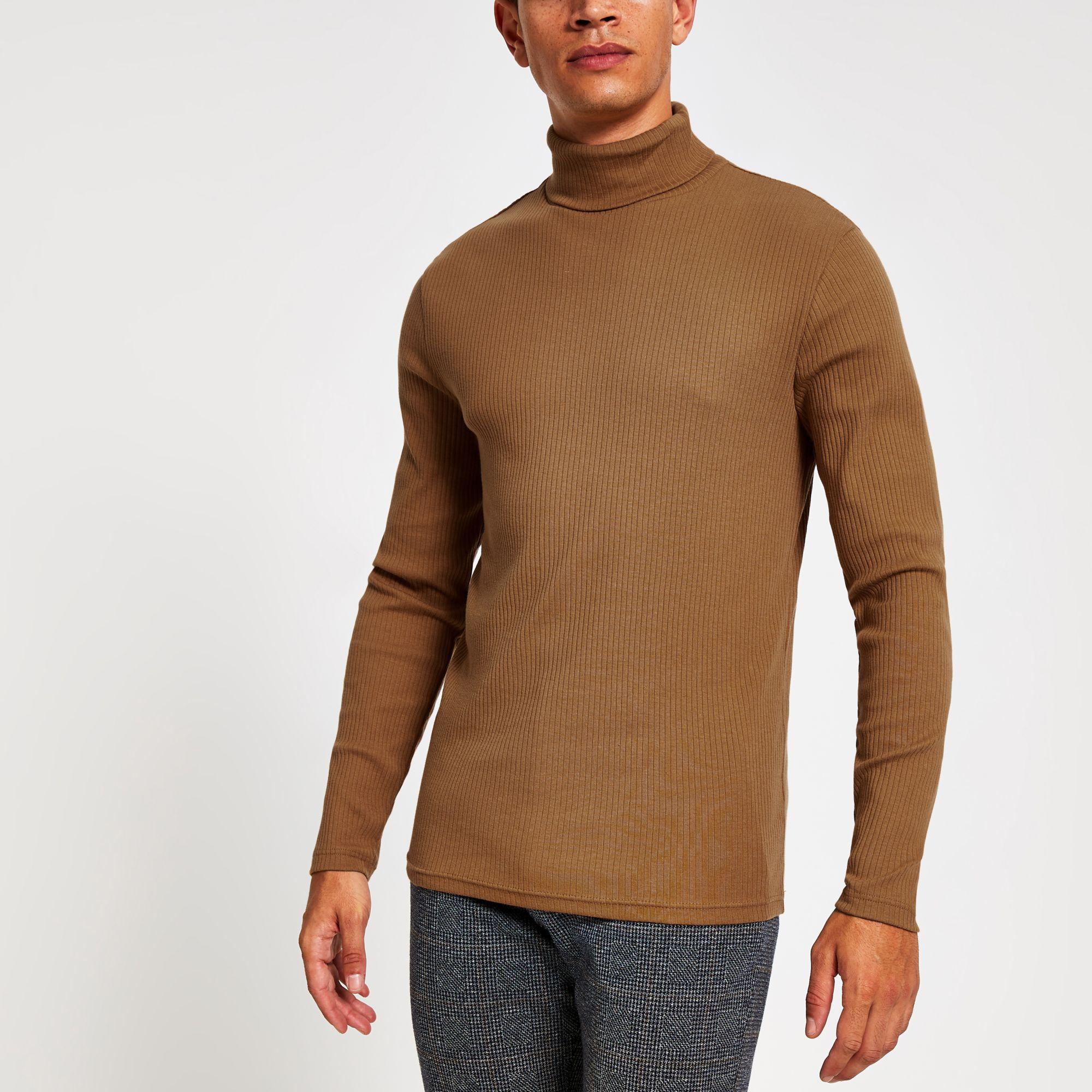 River Island Cotton Brown Ribbed Roll Neck Long Sleeve T-shirt for Men - Lyst