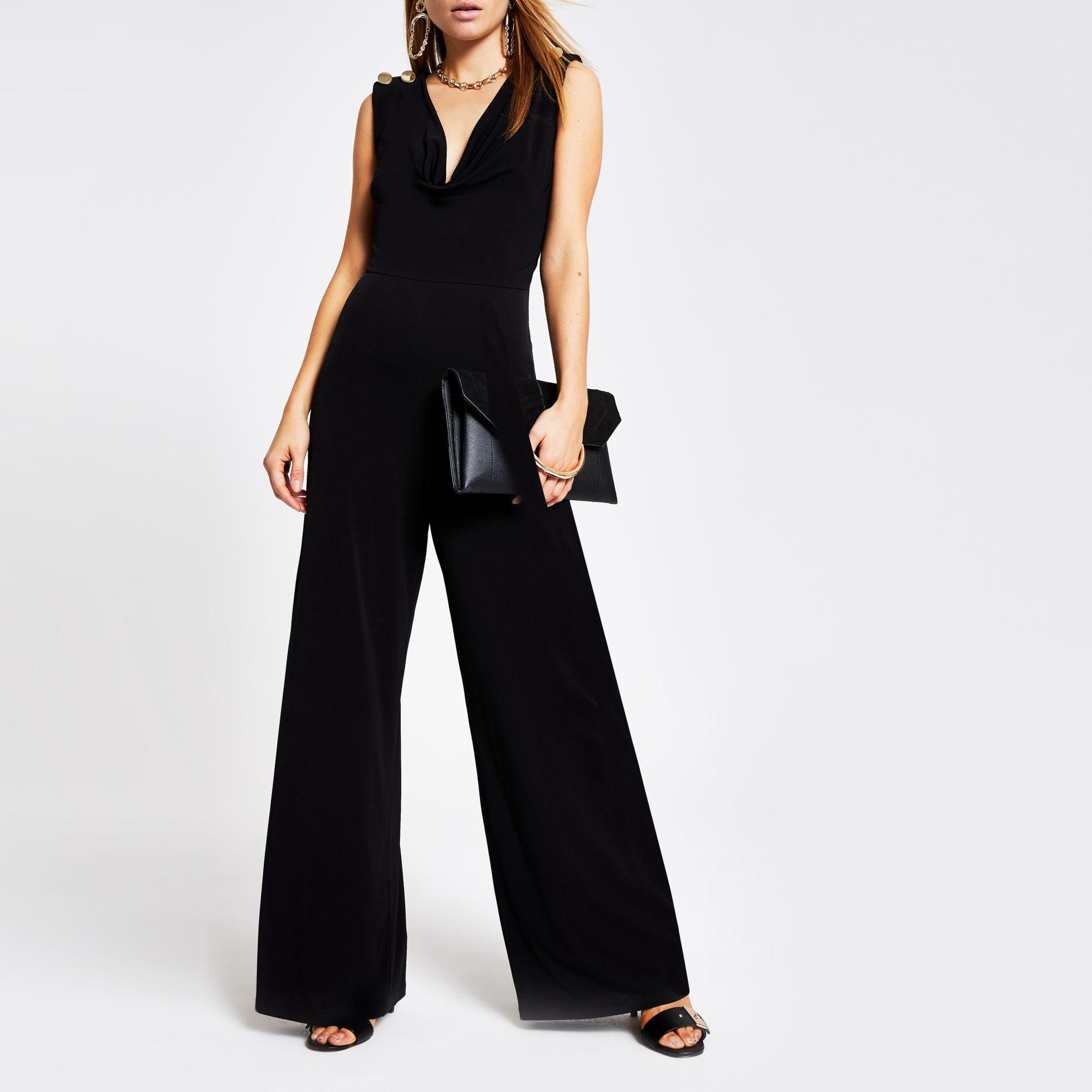 River Island Synthetic Cowl Neck Wide Leg Jumpsuit in Black - Lyst