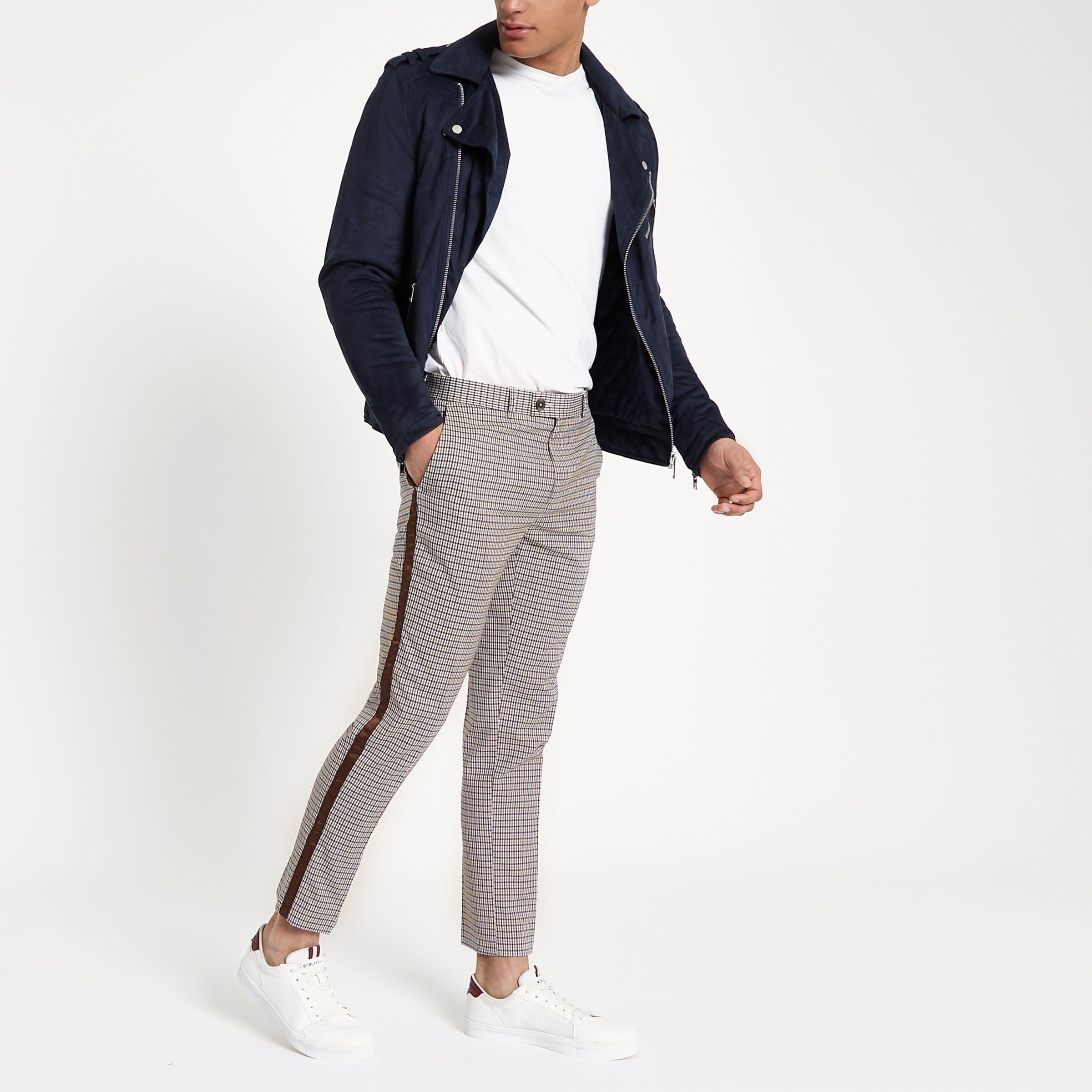 grey check skinny fit tape chino trousers