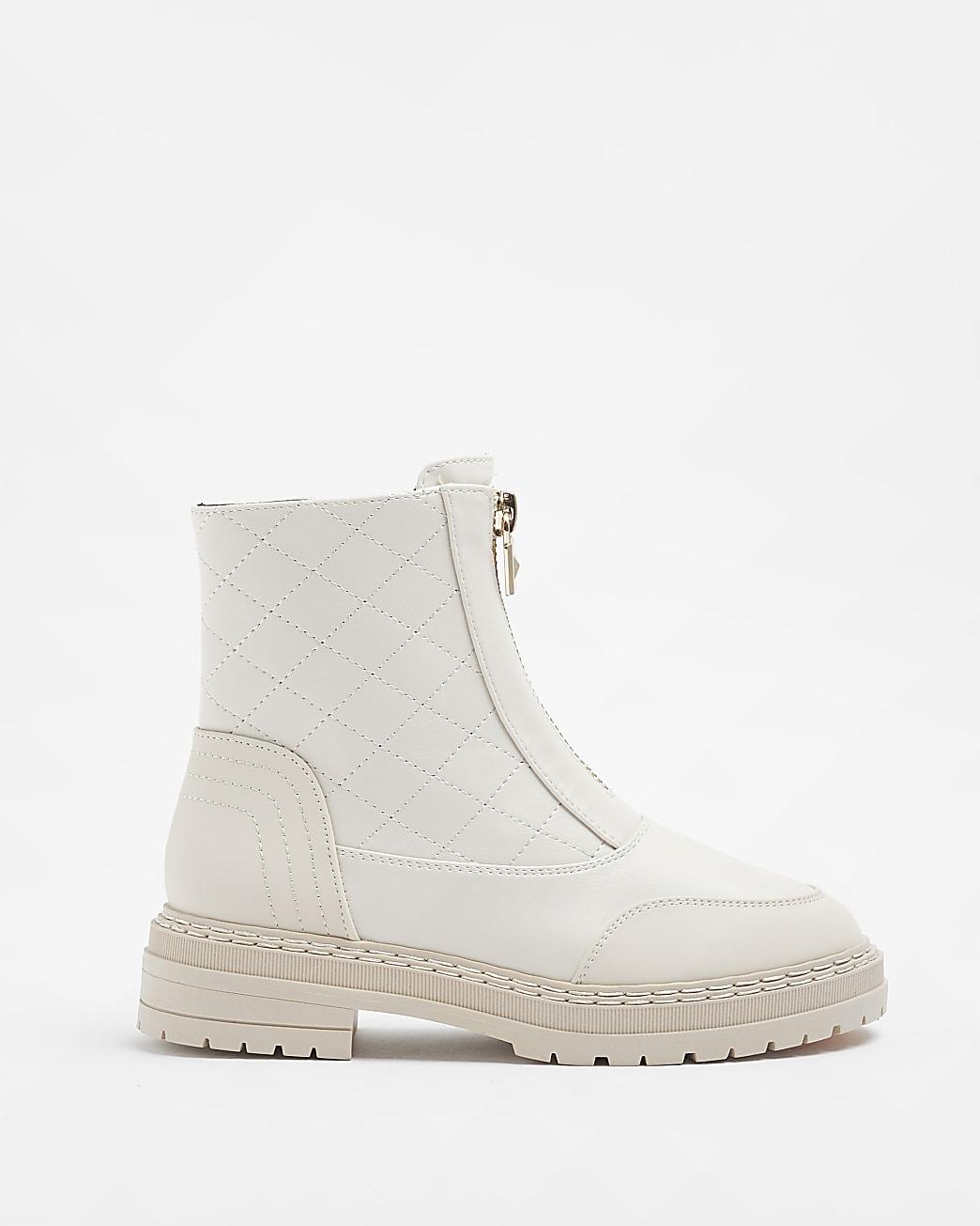 River Island Cream Wide Fit Quilted Ankle Boots in Natural | Lyst