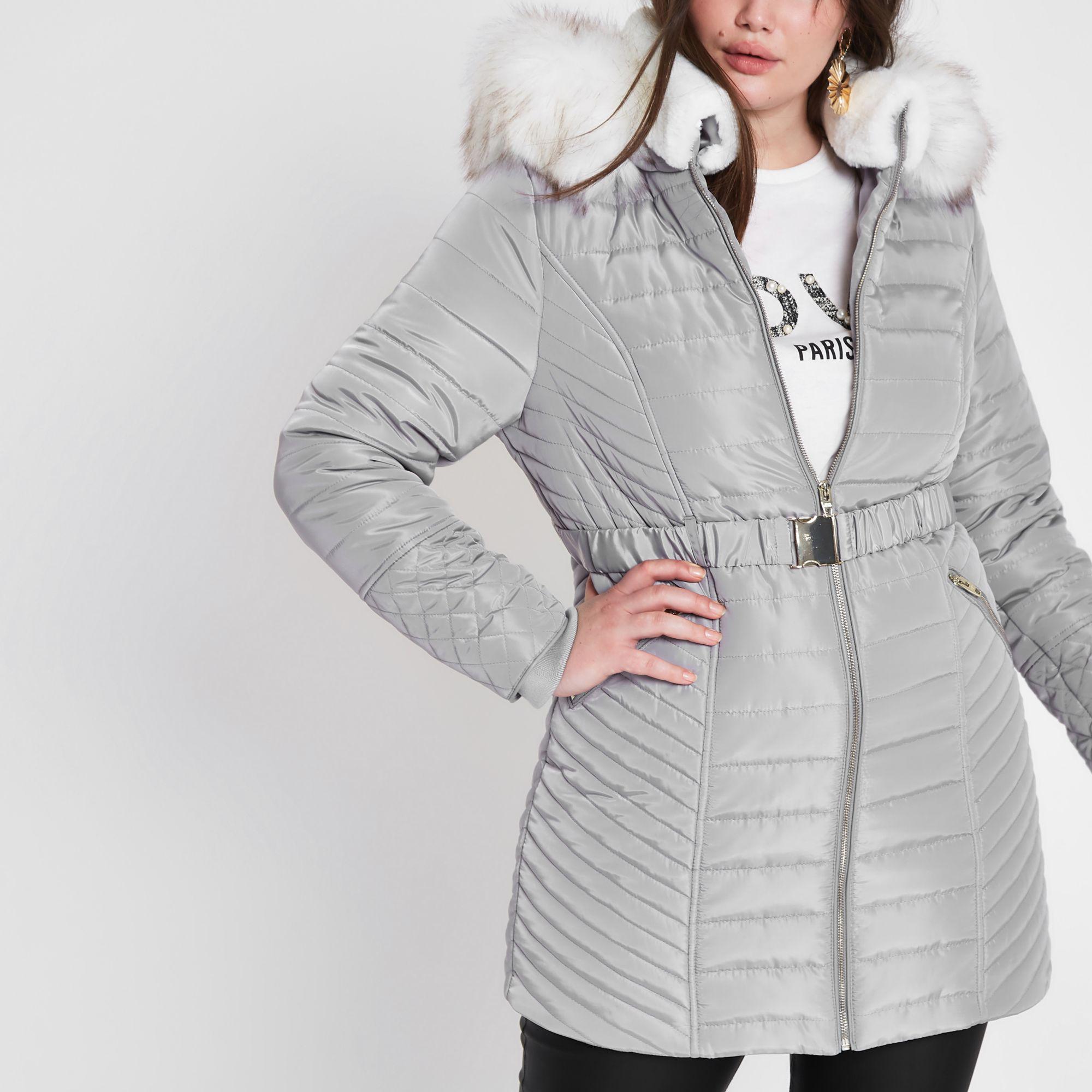 grey belted puffer coat