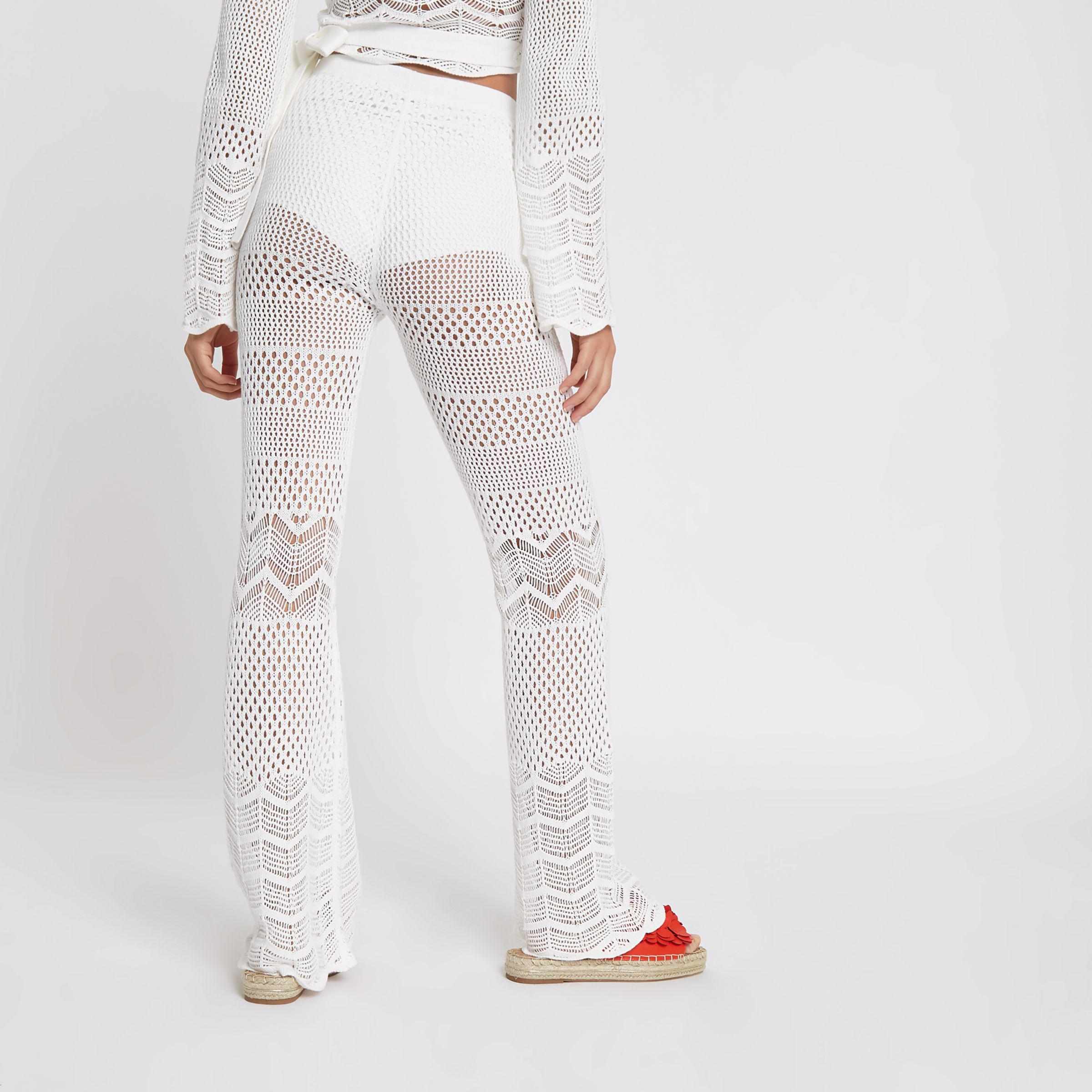 White Crochet Knit Flare Trousers | Lyst