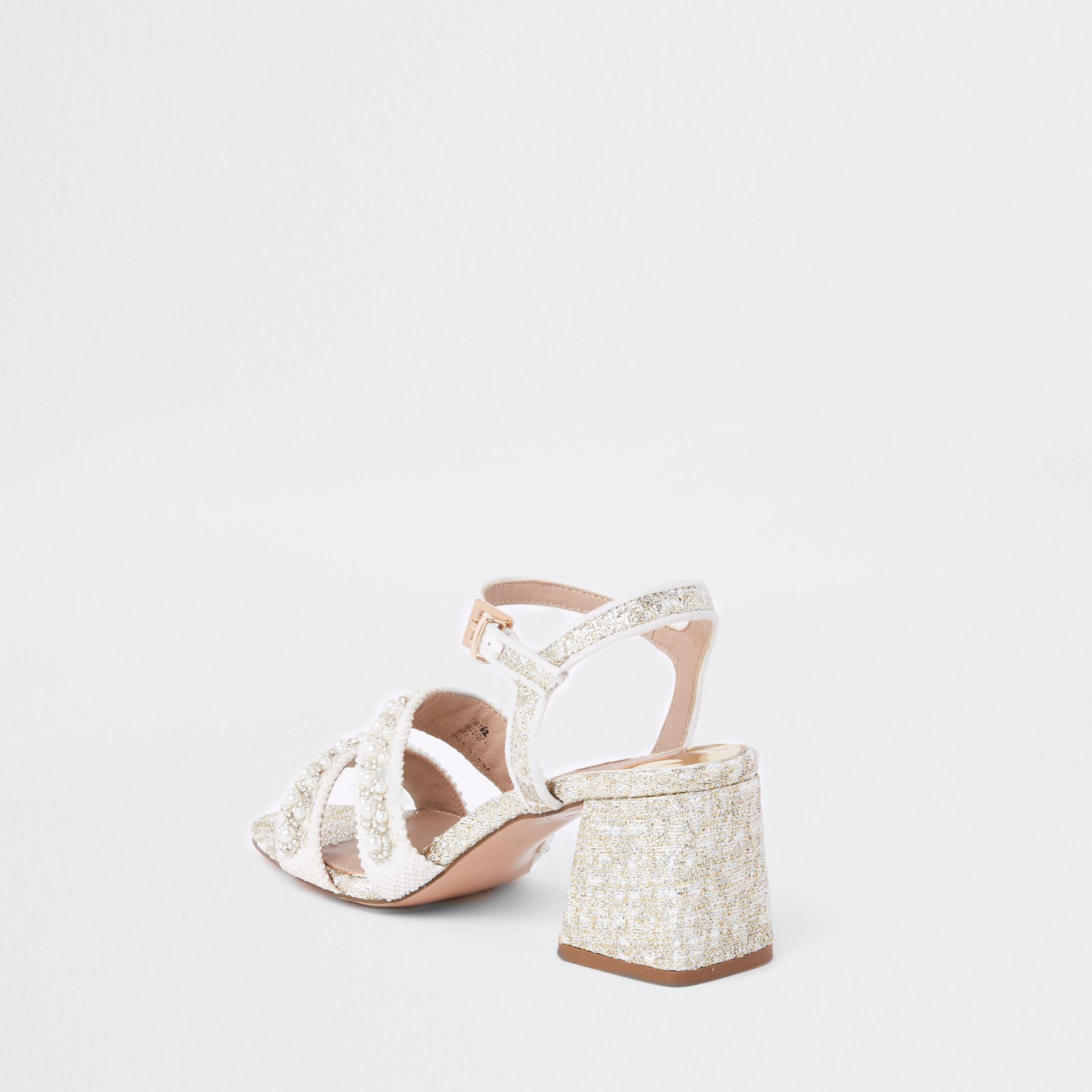 River Island Suede Textile Pearl Block Heel Sandals in White - Lyst