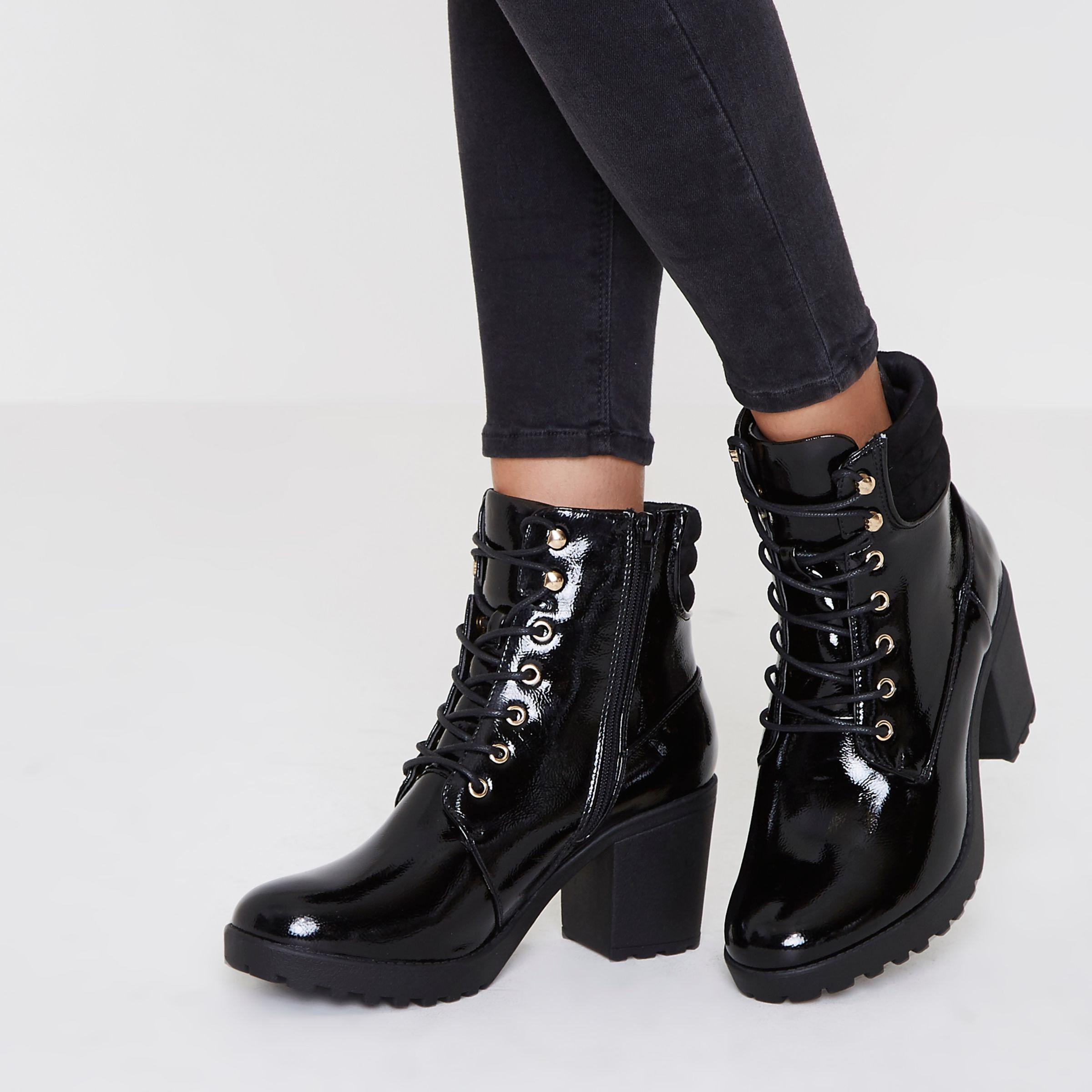 River Island Black Patent Lace Up Chunky Heeled Boots | Lyst UK